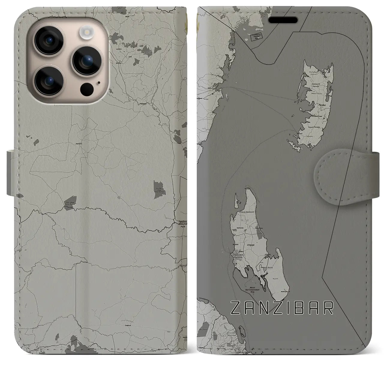 【ザンジバル(タンザニア)】地図柄iPhoneケース(手帳タイプ)モノトーン・iPhone 16 Plus 用