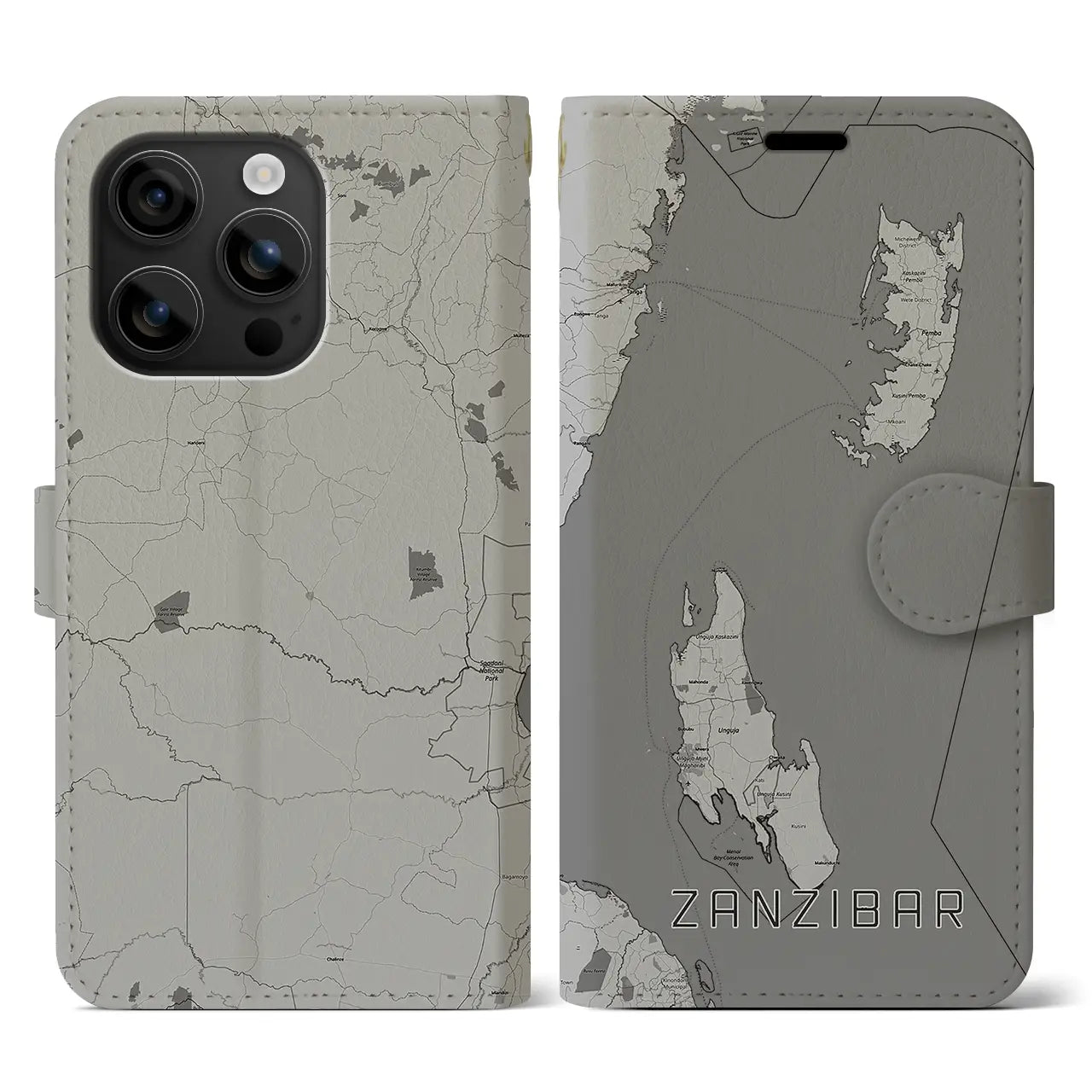 【ザンジバル(タンザニア)】地図柄iPhoneケース(手帳タイプ)モノトーン・iPhone 16 用