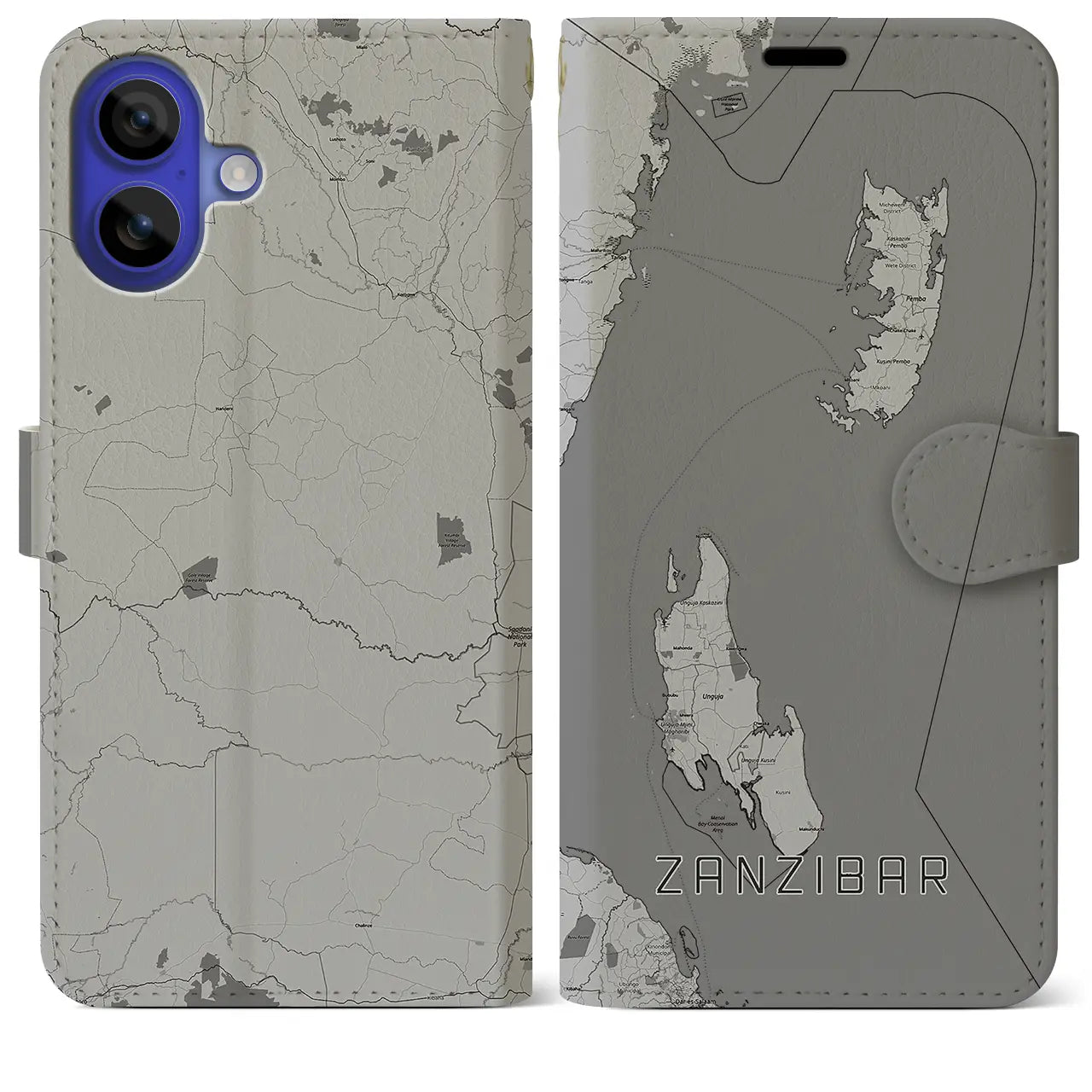【ザンジバル(タンザニア)】地図柄iPhoneケース(手帳タイプ)モノトーン・iPhone 16 Pro Max 用