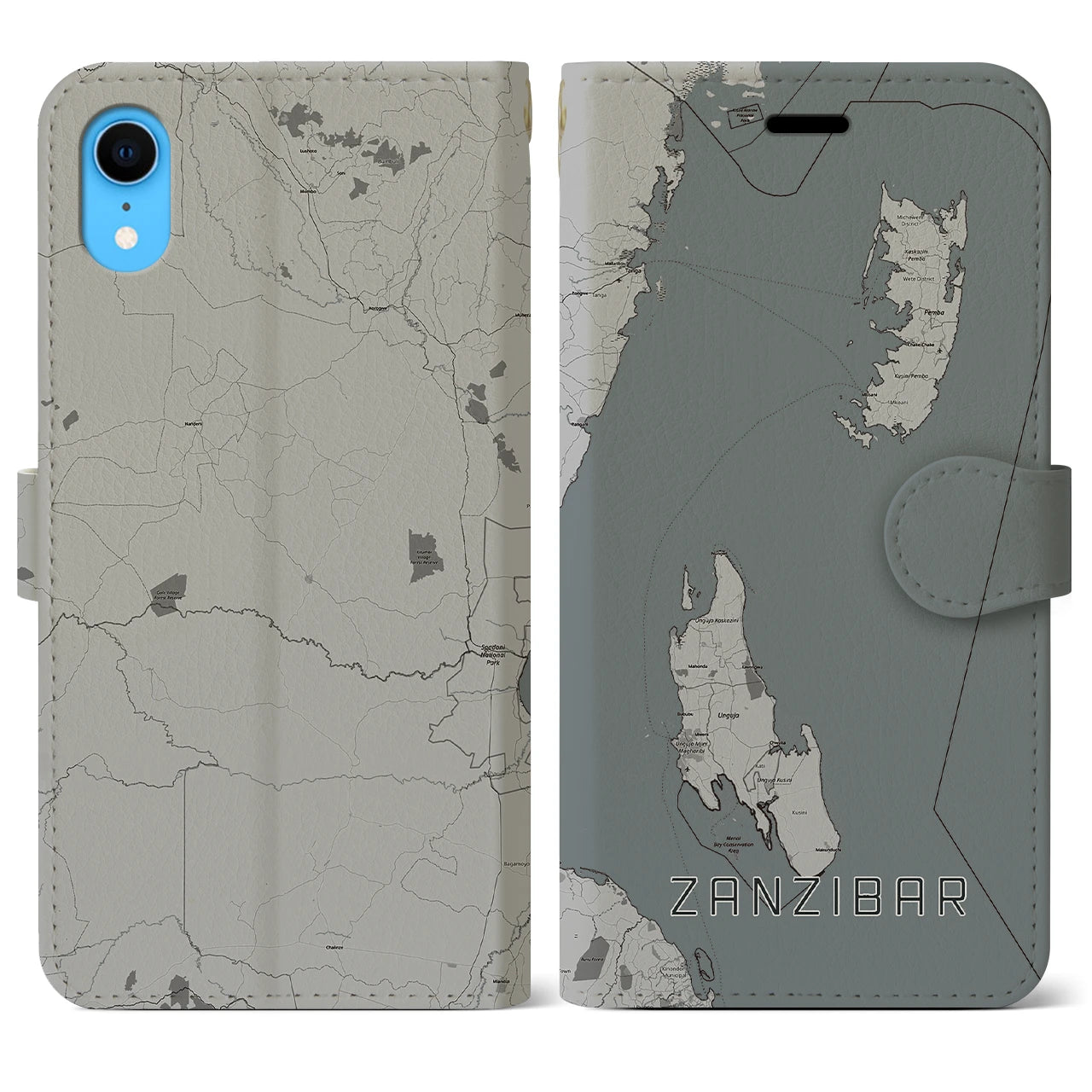 【ザンジバル(タンザニア)】地図柄iPhoneケース(手帳タイプ)モノトーン・iPhone XR 用