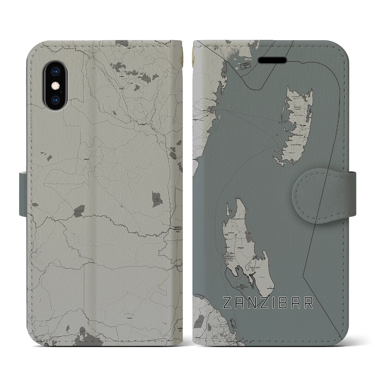 【ザンジバル(タンザニア)】地図柄iPhoneケース(手帳タイプ)モノトーン・iPhone XS / X 用