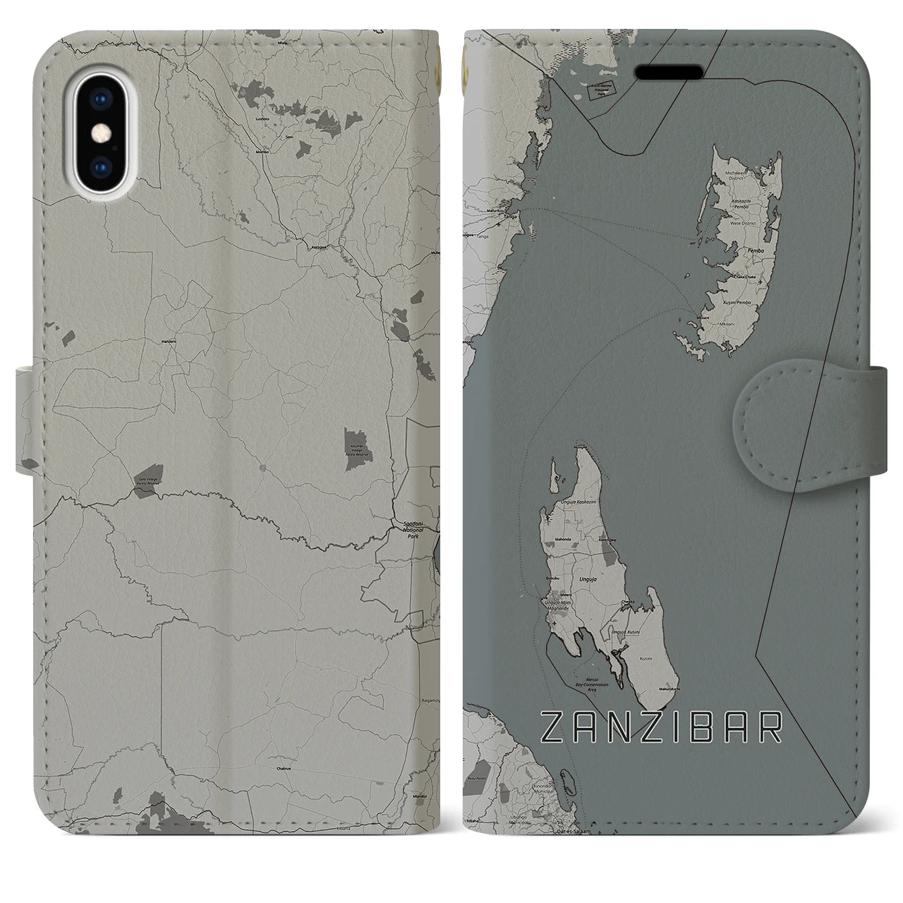 【ザンジバル(タンザニア)】地図柄iPhoneケース(手帳タイプ)モノトーン・iPhone XS Max 用