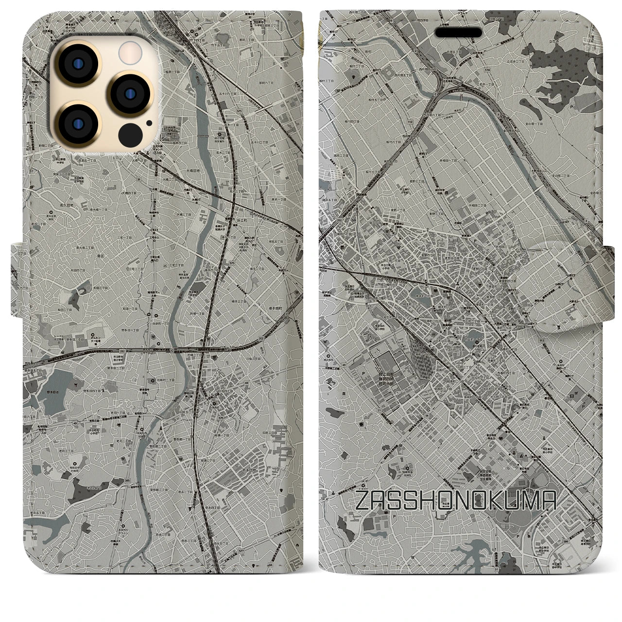 【雑餉隈(福岡県)】地図柄iPhoneケース(手帳タイプ)モノトーン・iPhone 12 Pro Max 用