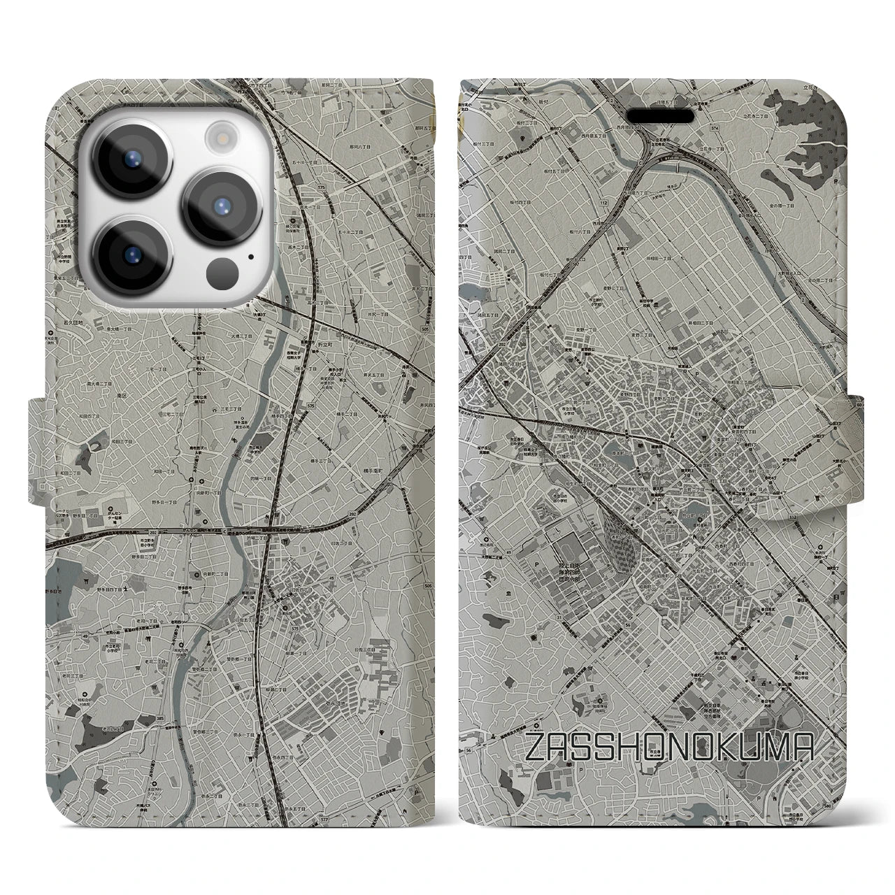 【雑餉隈(福岡県)】地図柄iPhoneケース(手帳タイプ)モノトーン・iPhone 14 Pro 用