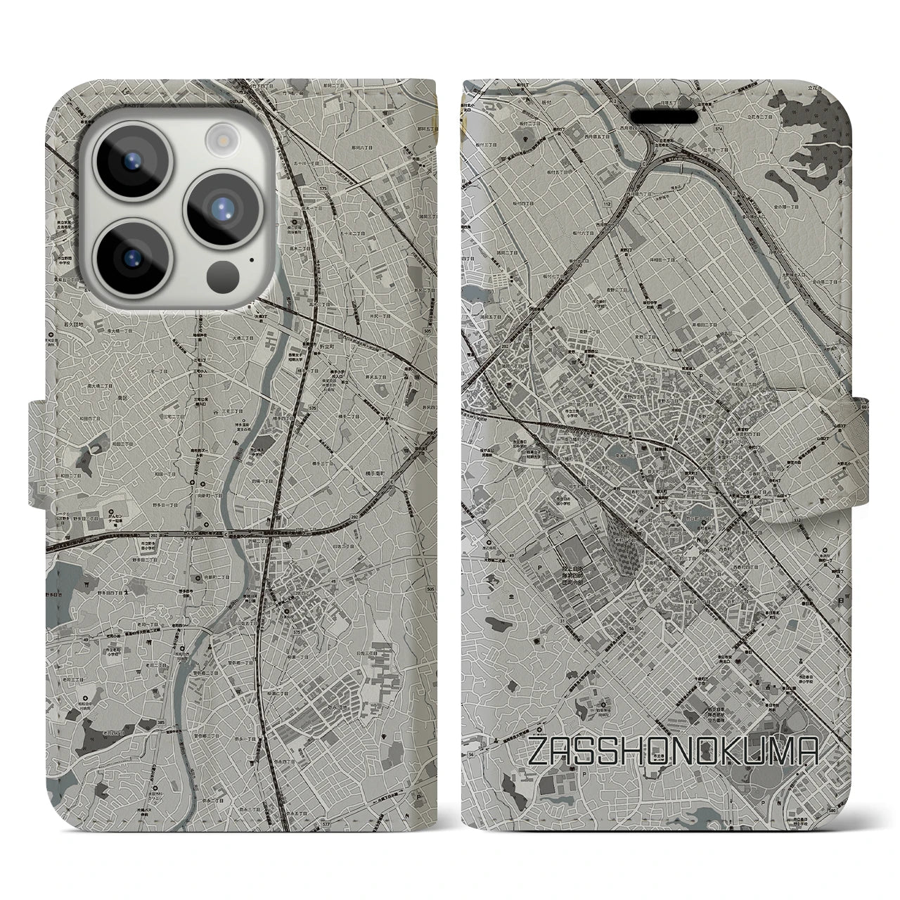【雑餉隈(福岡県)】地図柄iPhoneケース(手帳タイプ)モノトーン・iPhone 15 Pro 用