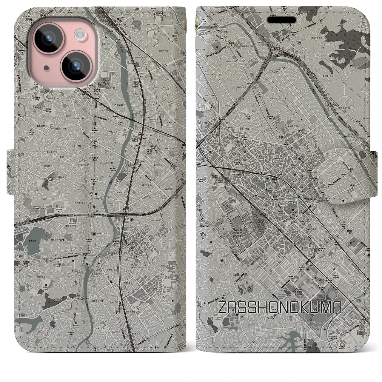【雑餉隈(福岡県)】地図柄iPhoneケース(手帳タイプ)モノトーン・iPhone 15 Plus 用