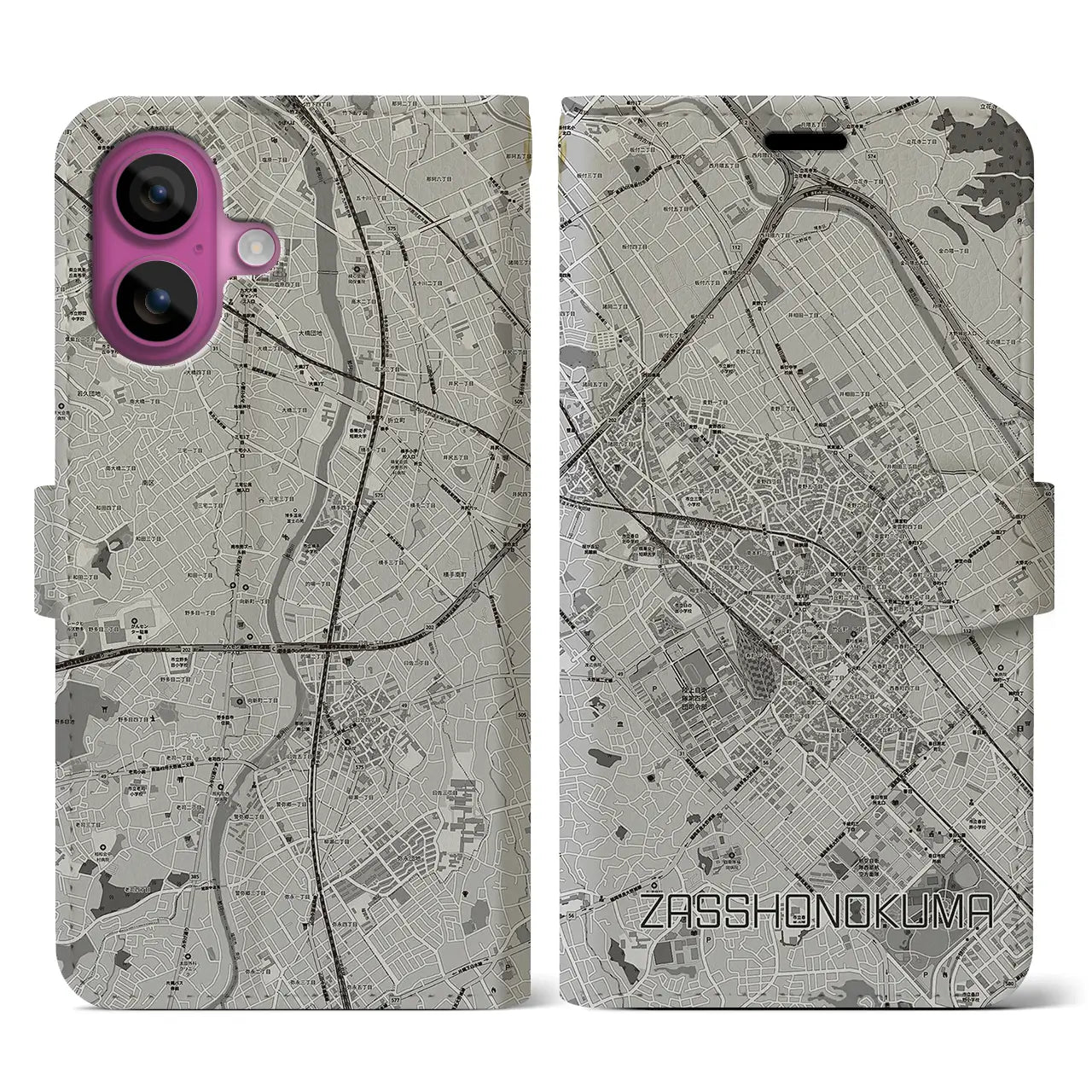 【雑餉隈(福岡県)】地図柄iPhoneケース(手帳タイプ)モノトーン・iPhone 16 Pro 用
