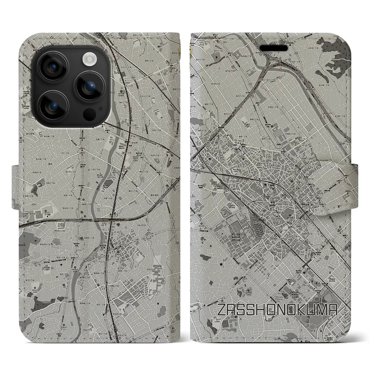 【雑餉隈(福岡県)】地図柄iPhoneケース(手帳タイプ)モノトーン・iPhone 16 用