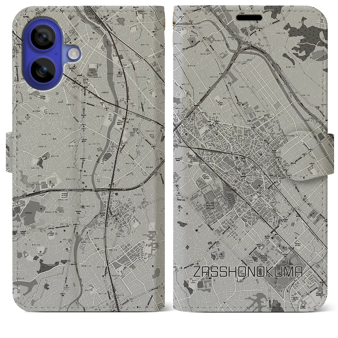【雑餉隈(福岡県)】地図柄iPhoneケース(手帳タイプ)モノトーン・iPhone 16 Pro Max 用