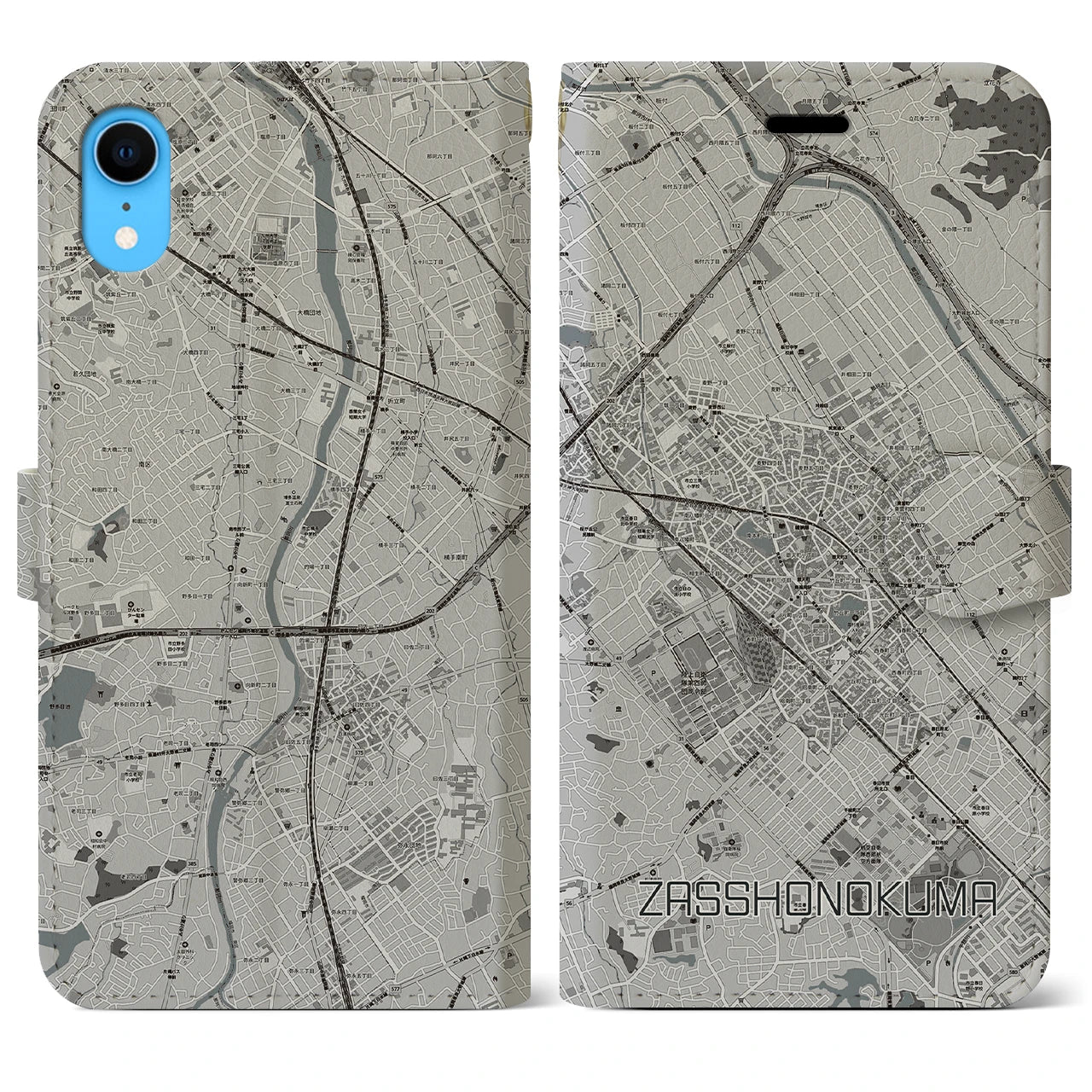 【雑餉隈(福岡県)】地図柄iPhoneケース(手帳タイプ)モノトーン・iPhone XR 用