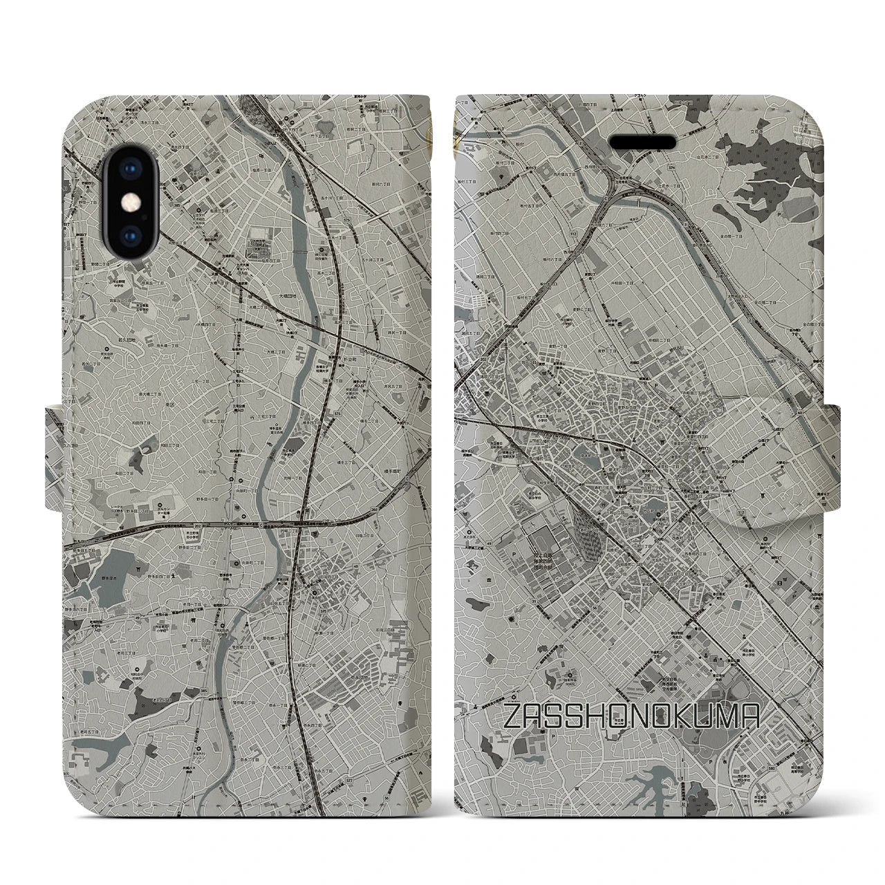 【雑餉隈(福岡県)】地図柄iPhoneケース(手帳タイプ)モノトーン・iPhone XS / X 用