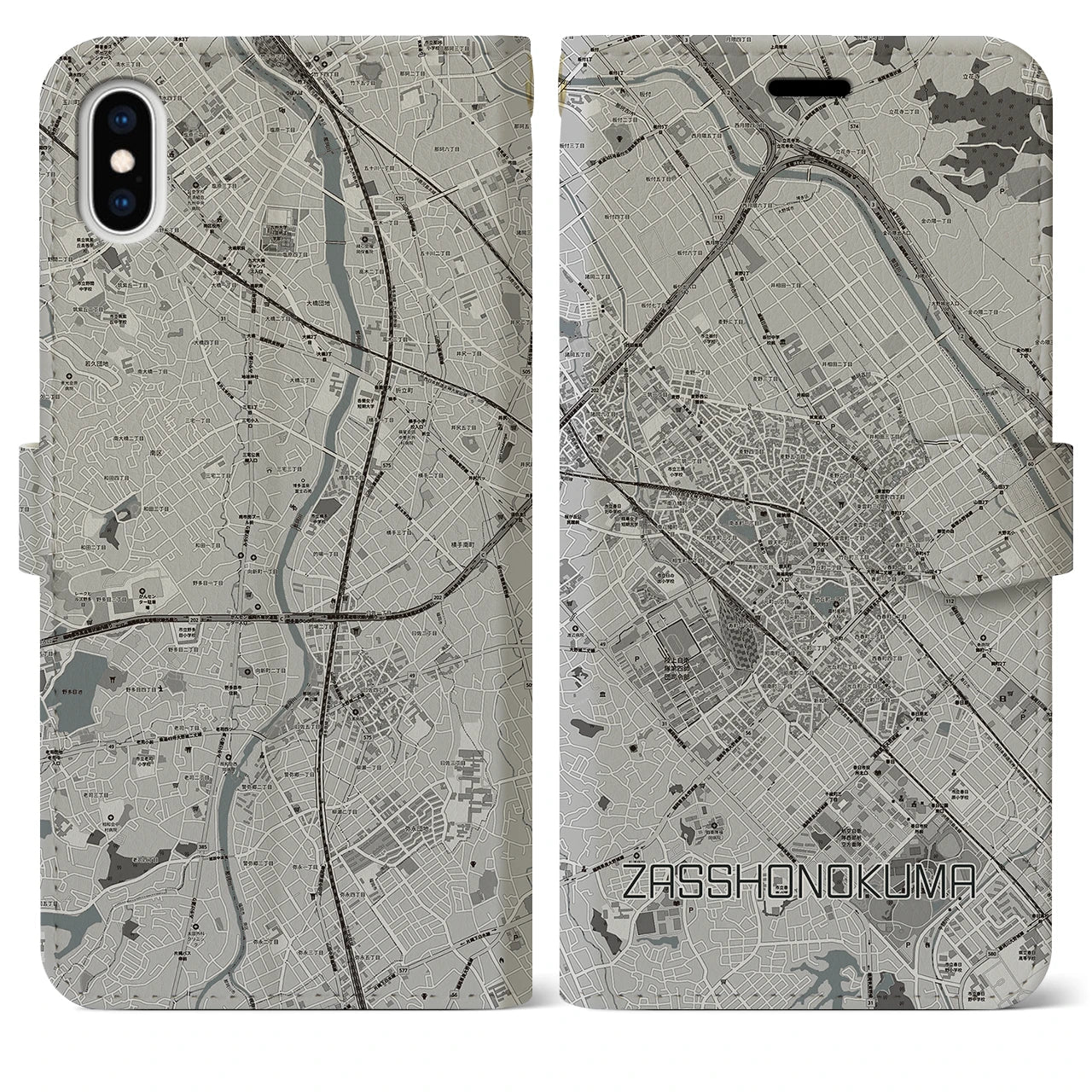 【雑餉隈(福岡県)】地図柄iPhoneケース(手帳タイプ)モノトーン・iPhone XS Max 用