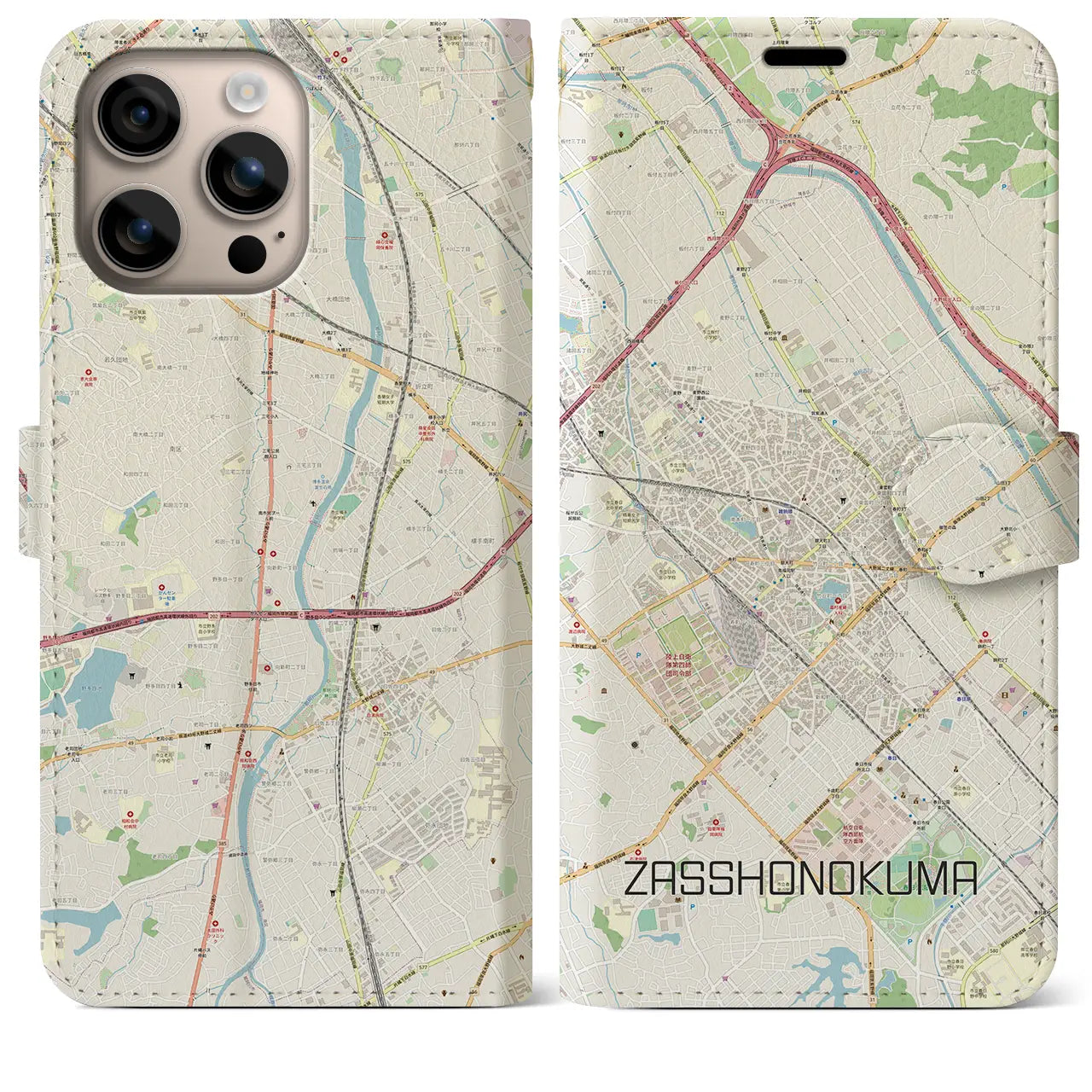 【雑餉隈(福岡県)】地図柄iPhoneケース(手帳タイプ)ナチュラル・iPhone 16 Plus 用