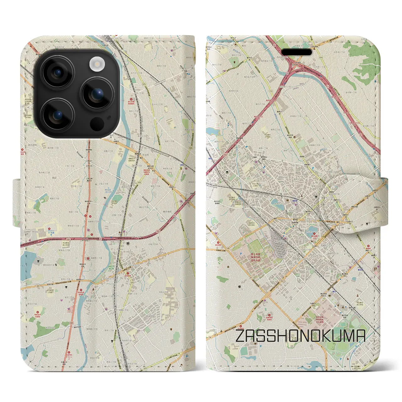 【雑餉隈(福岡県)】地図柄iPhoneケース(手帳タイプ)ナチュラル・iPhone 16 用