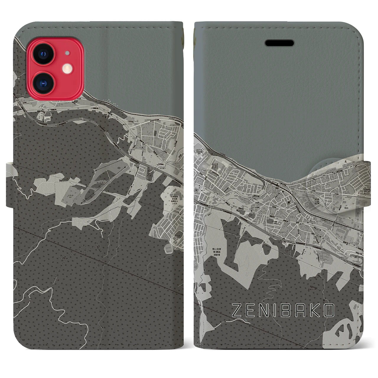 【銭函(北海道)】地図柄iPhoneケース(手帳タイプ)モノトーン・iPhone 11 用