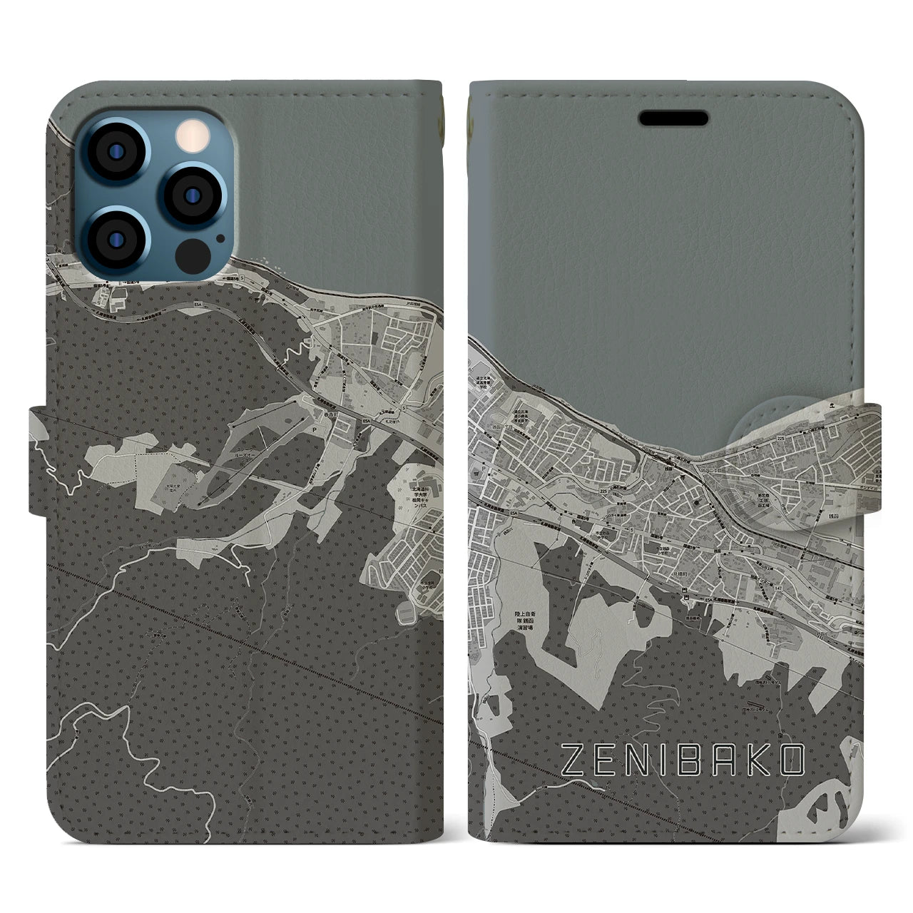 【銭函(北海道)】地図柄iPhoneケース(手帳タイプ)モノトーン・iPhone 12 / 12 Pro 用