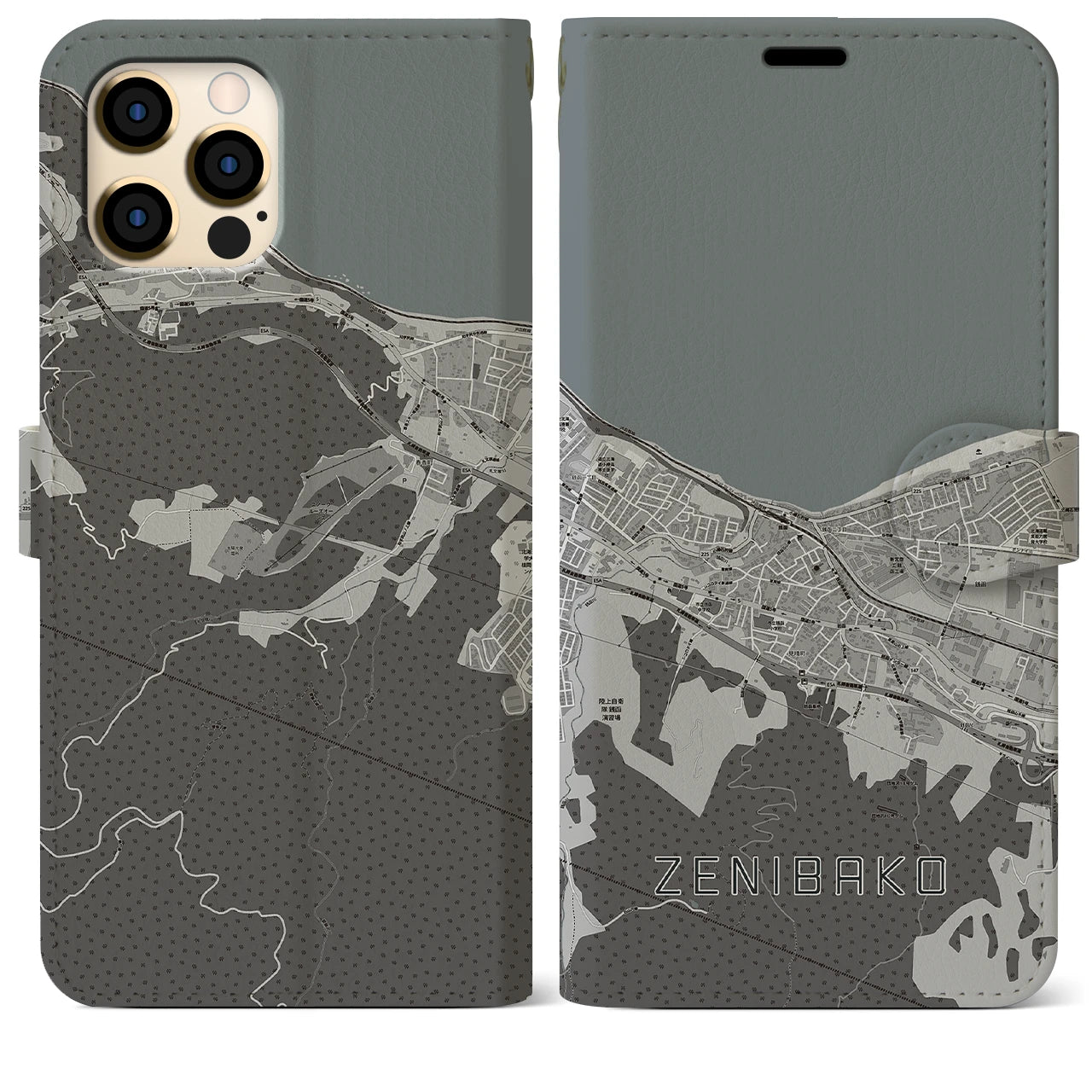 【銭函(北海道)】地図柄iPhoneケース(手帳タイプ)モノトーン・iPhone 12 Pro Max 用