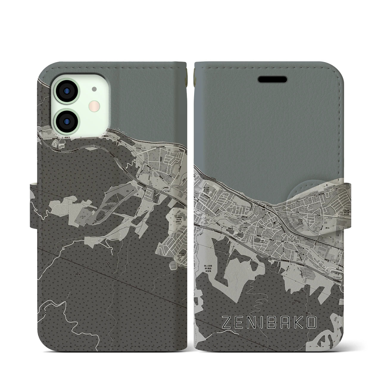 【銭函(北海道)】地図柄iPhoneケース(手帳タイプ)モノトーン・iPhone 12 mini 用