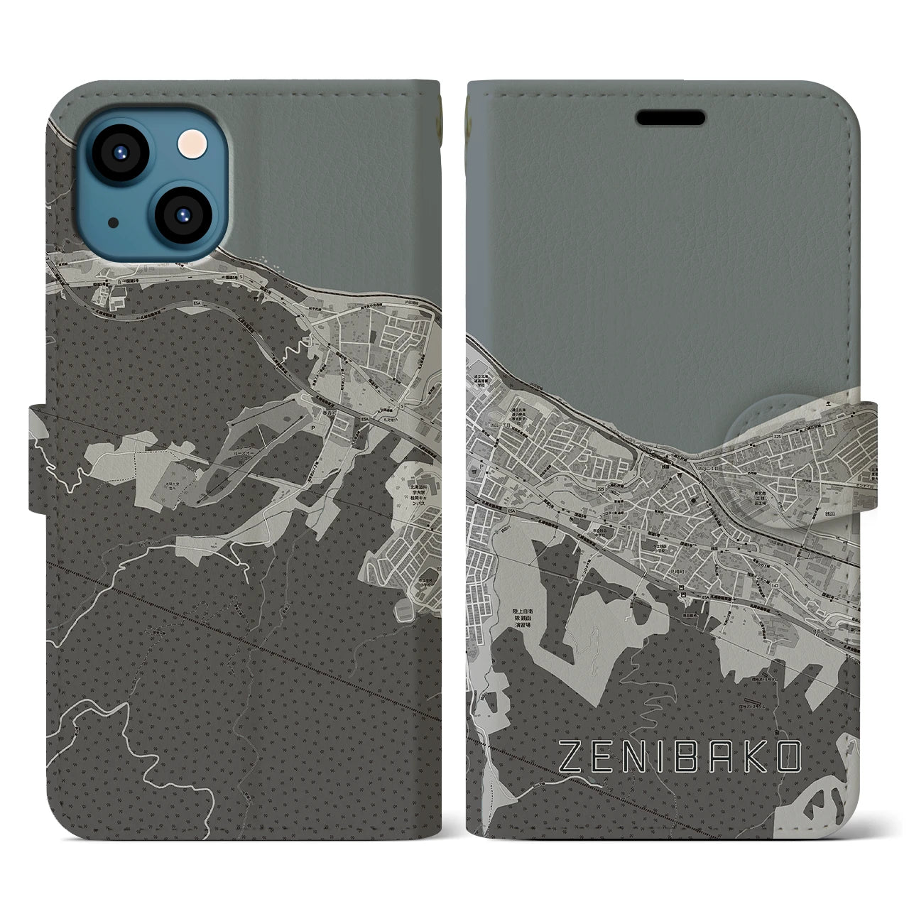 【銭函(北海道)】地図柄iPhoneケース(手帳タイプ)モノトーン・iPhone 13 用