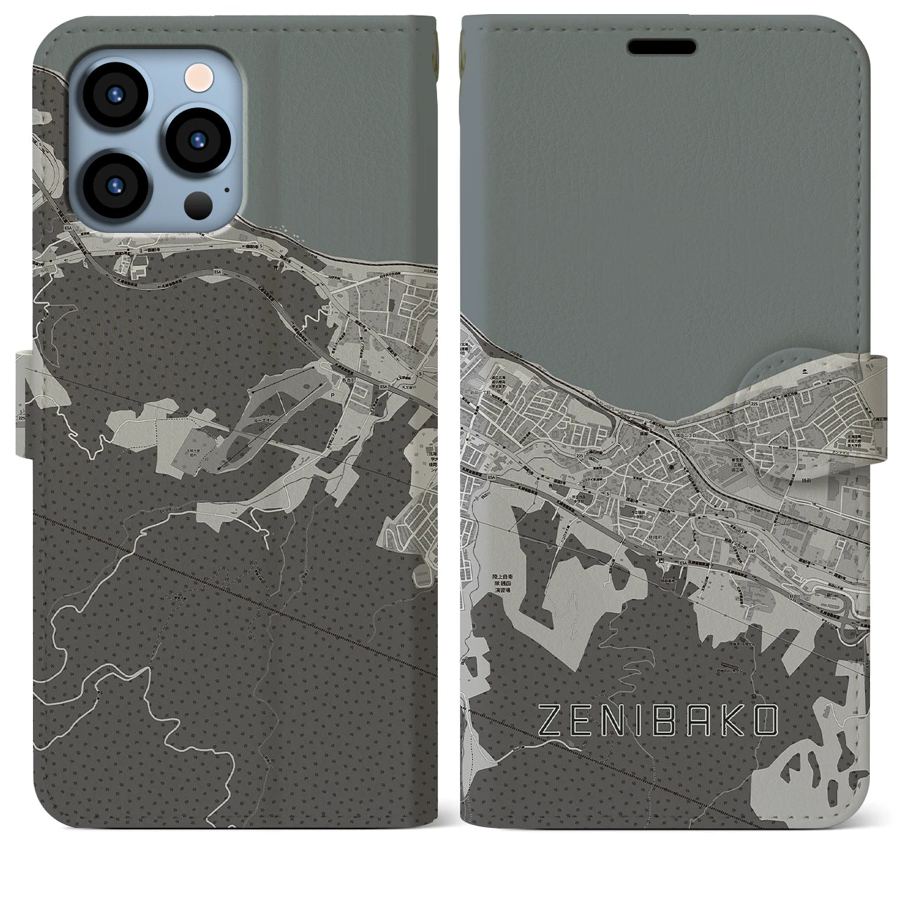 【銭函(北海道)】地図柄iPhoneケース(手帳タイプ)モノトーン・iPhone 13 Pro Max 用