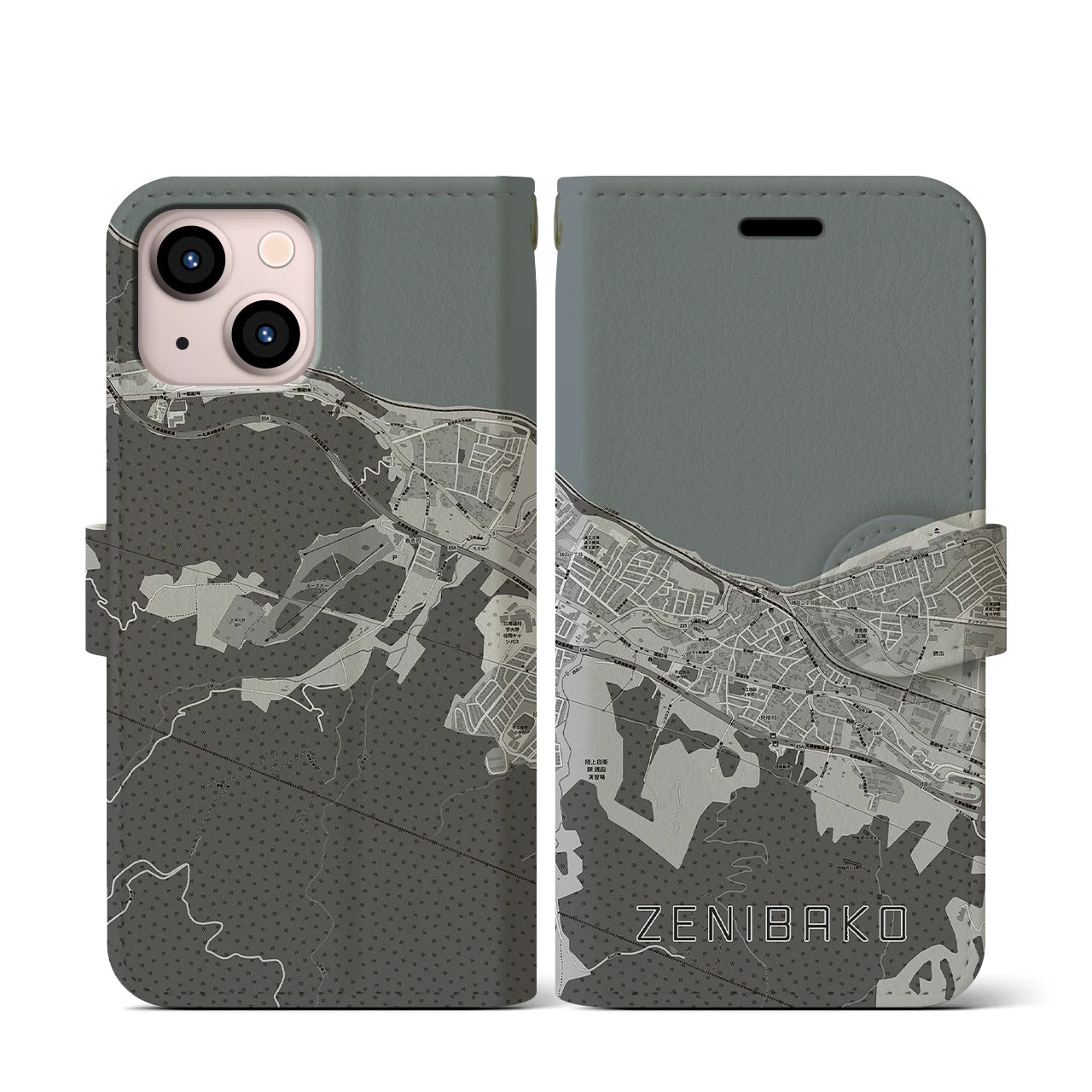 【銭函(北海道)】地図柄iPhoneケース(手帳タイプ)モノトーン・iPhone 13 mini 用