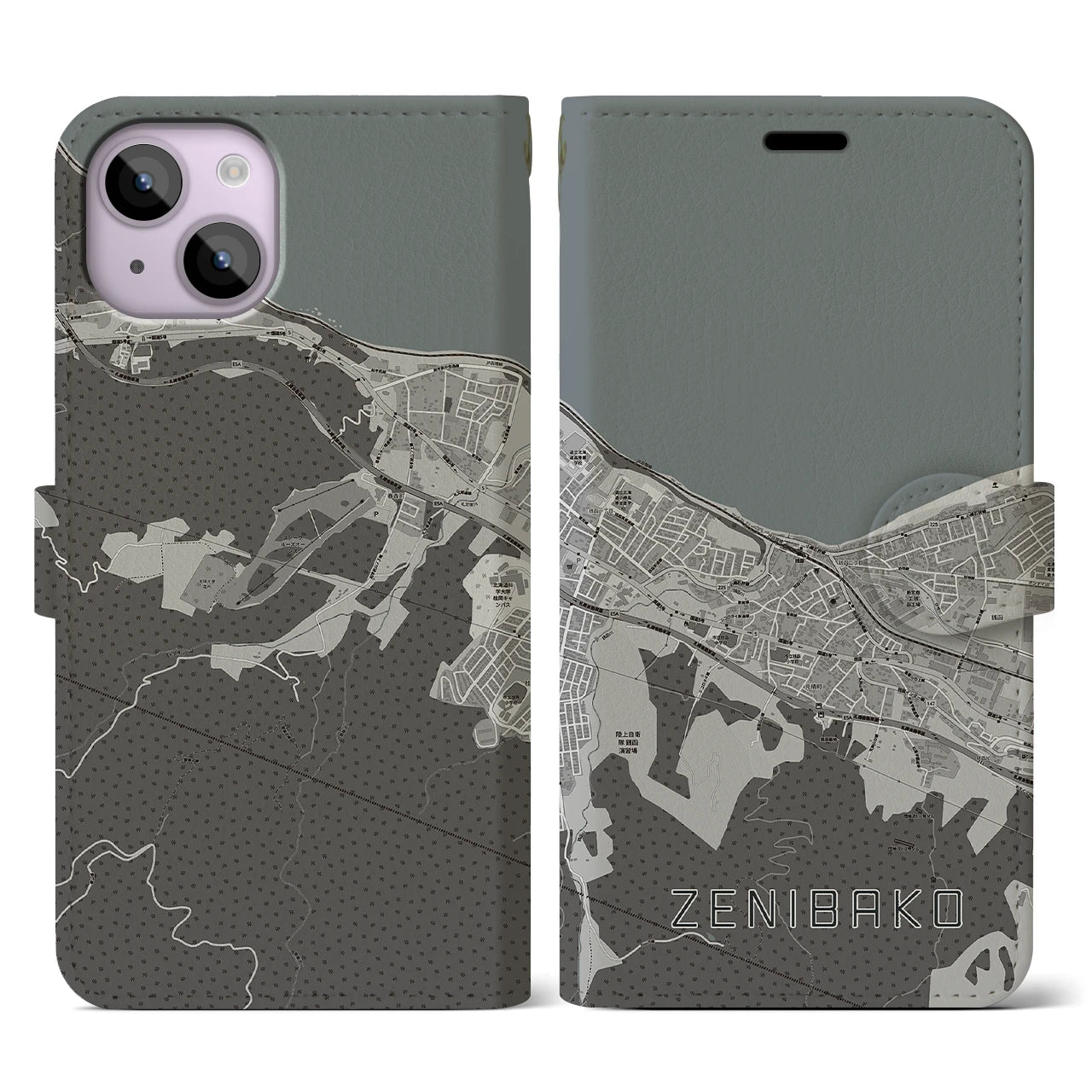 【銭函(北海道)】地図柄iPhoneケース(手帳タイプ)モノトーン・iPhone 14 用
