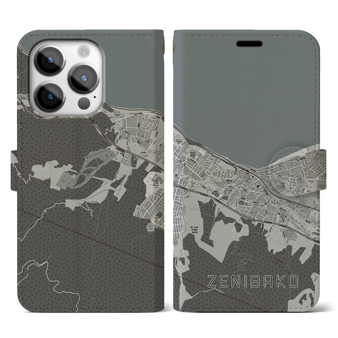 【銭函(北海道)】地図柄iPhoneケース(手帳タイプ)モノトーン・iPhone 14 Pro 用