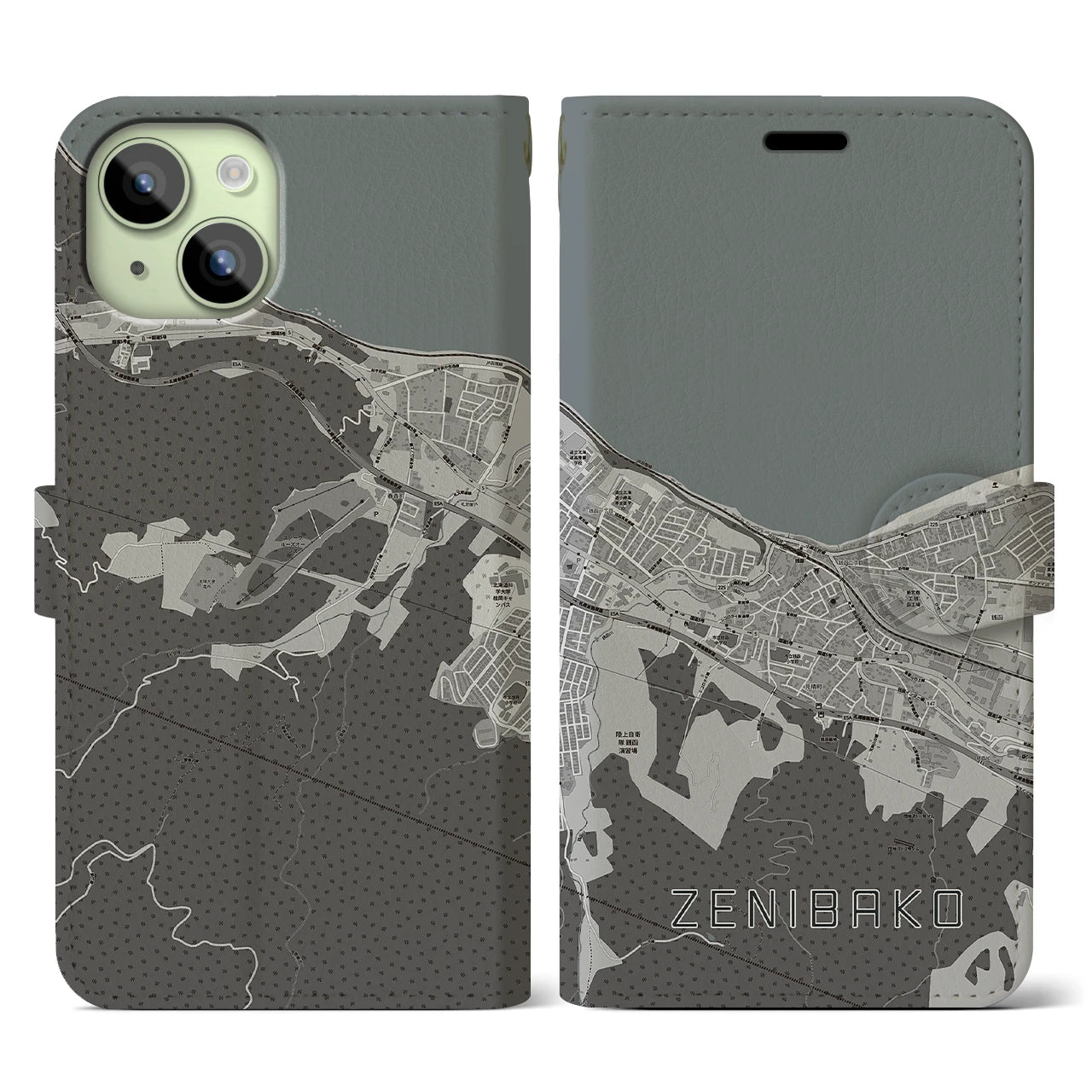 【銭函(北海道)】地図柄iPhoneケース(手帳タイプ)モノトーン・iPhone 15 用