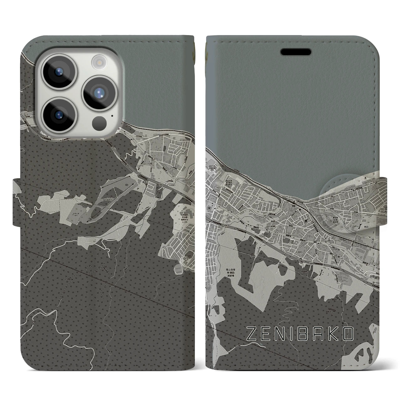 【銭函(北海道)】地図柄iPhoneケース(手帳タイプ)モノトーン・iPhone 15 Pro 用