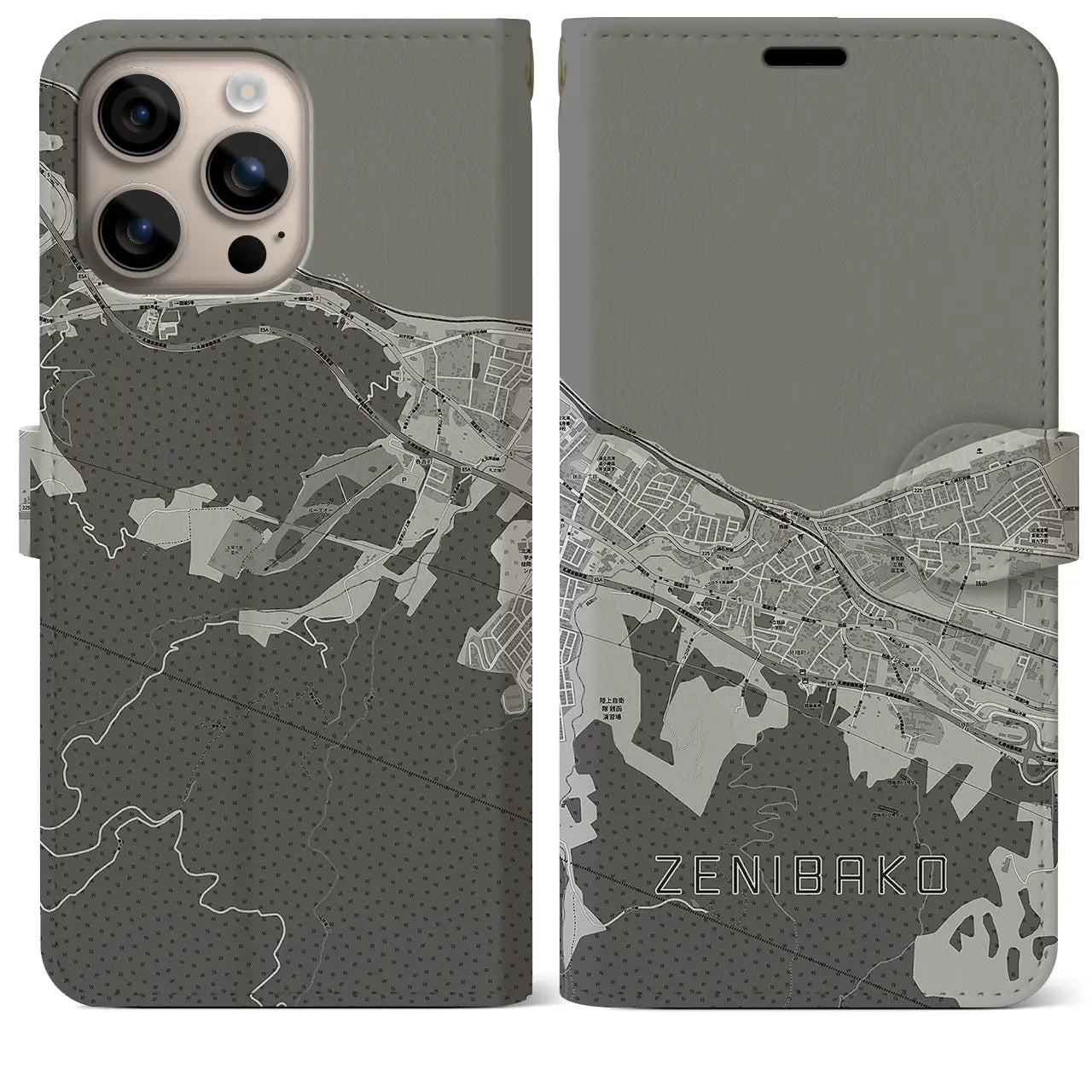 【銭函(北海道)】地図柄iPhoneケース(手帳タイプ)モノトーン・iPhone 16 Plus 用