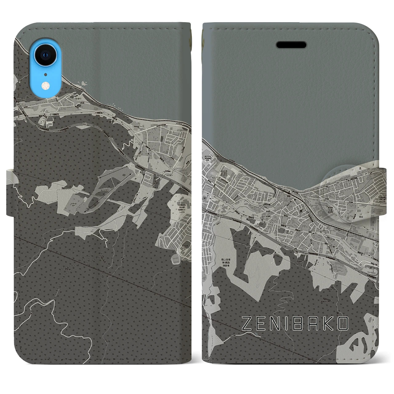 【銭函(北海道)】地図柄iPhoneケース(手帳タイプ)モノトーン・iPhone XR 用