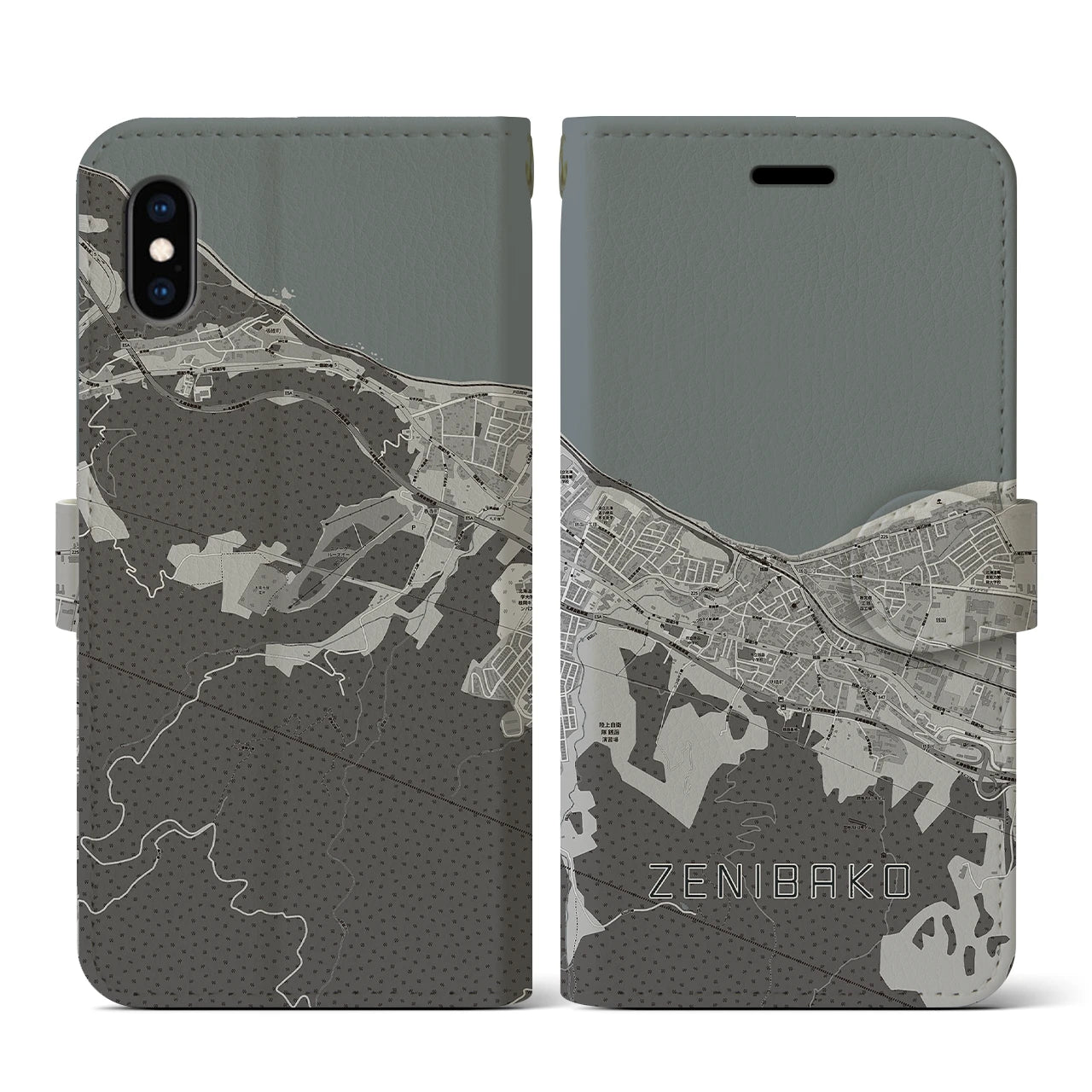 【銭函(北海道)】地図柄iPhoneケース(手帳タイプ)モノトーン・iPhone XS / X 用