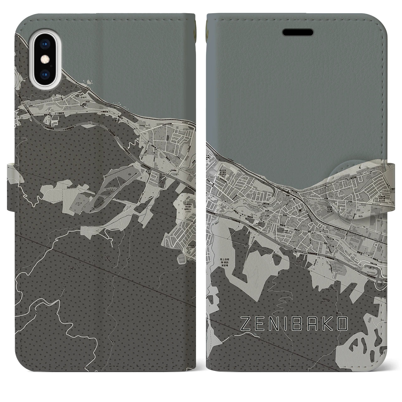 【銭函(北海道)】地図柄iPhoneケース(手帳タイプ)モノトーン・iPhone XS Max 用