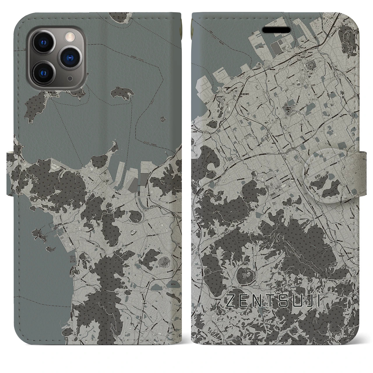 【善通寺(香川県)】地図柄iPhoneケース(手帳タイプ)モノトーン・iPhone 11 Pro Max 用