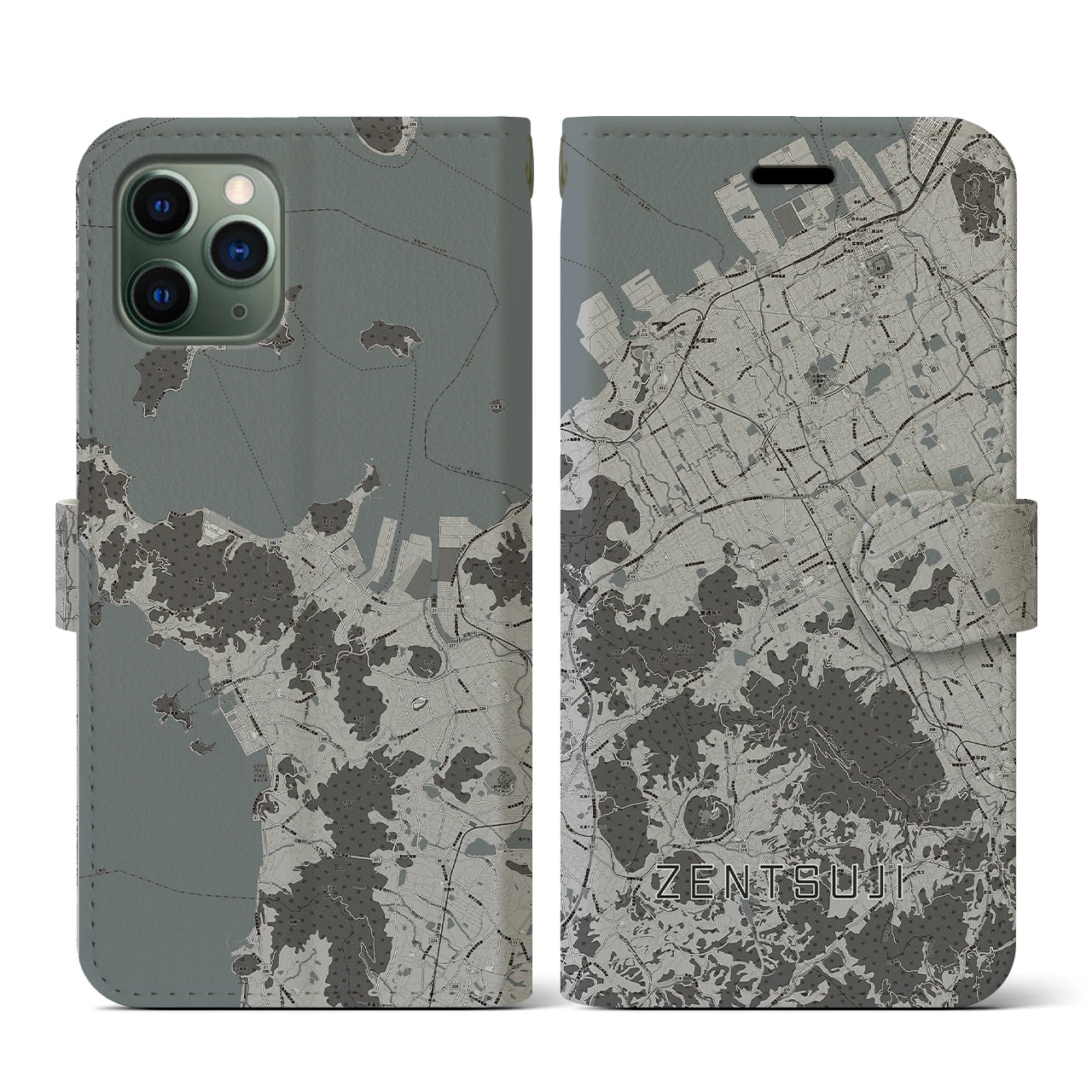 【善通寺(香川県)】地図柄iPhoneケース(手帳タイプ)モノトーン・iPhone 11 Pro 用