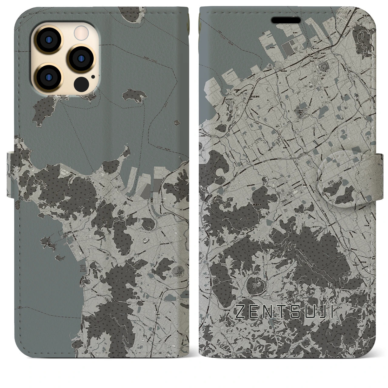 【善通寺(香川県)】地図柄iPhoneケース(手帳タイプ)モノトーン・iPhone 12 Pro Max 用