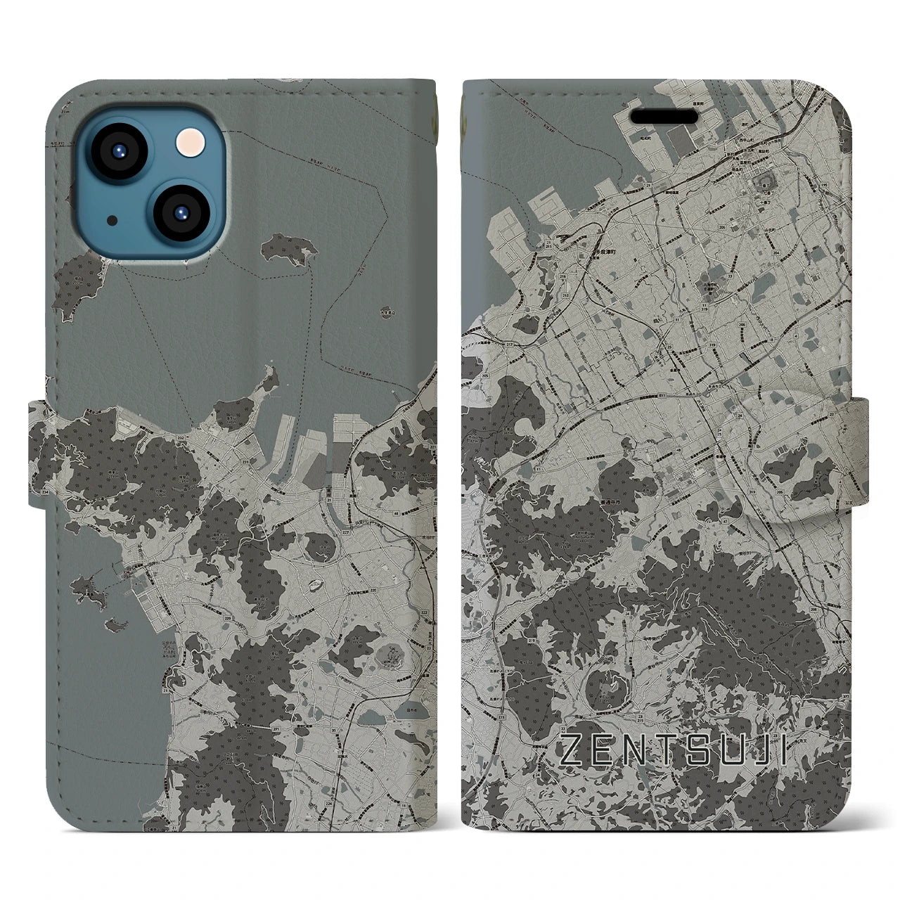 【善通寺(香川県)】地図柄iPhoneケース(手帳タイプ)モノトーン・iPhone 13 用