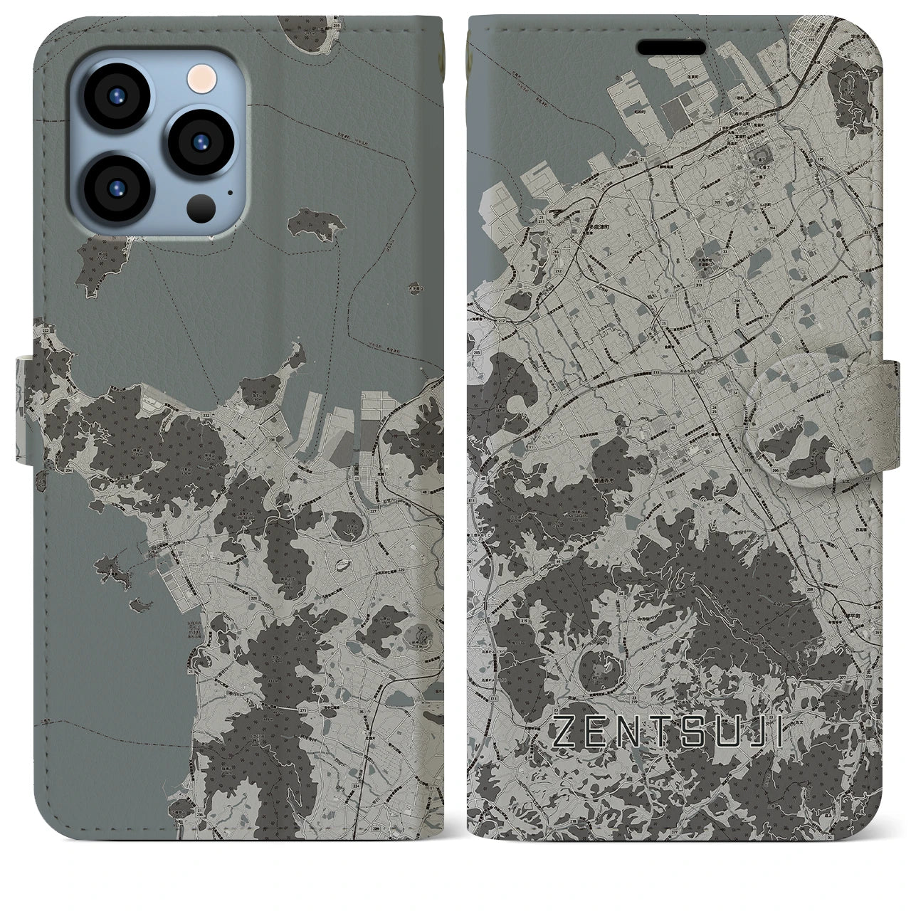 【善通寺(香川県)】地図柄iPhoneケース(手帳タイプ)モノトーン・iPhone 13 Pro Max 用