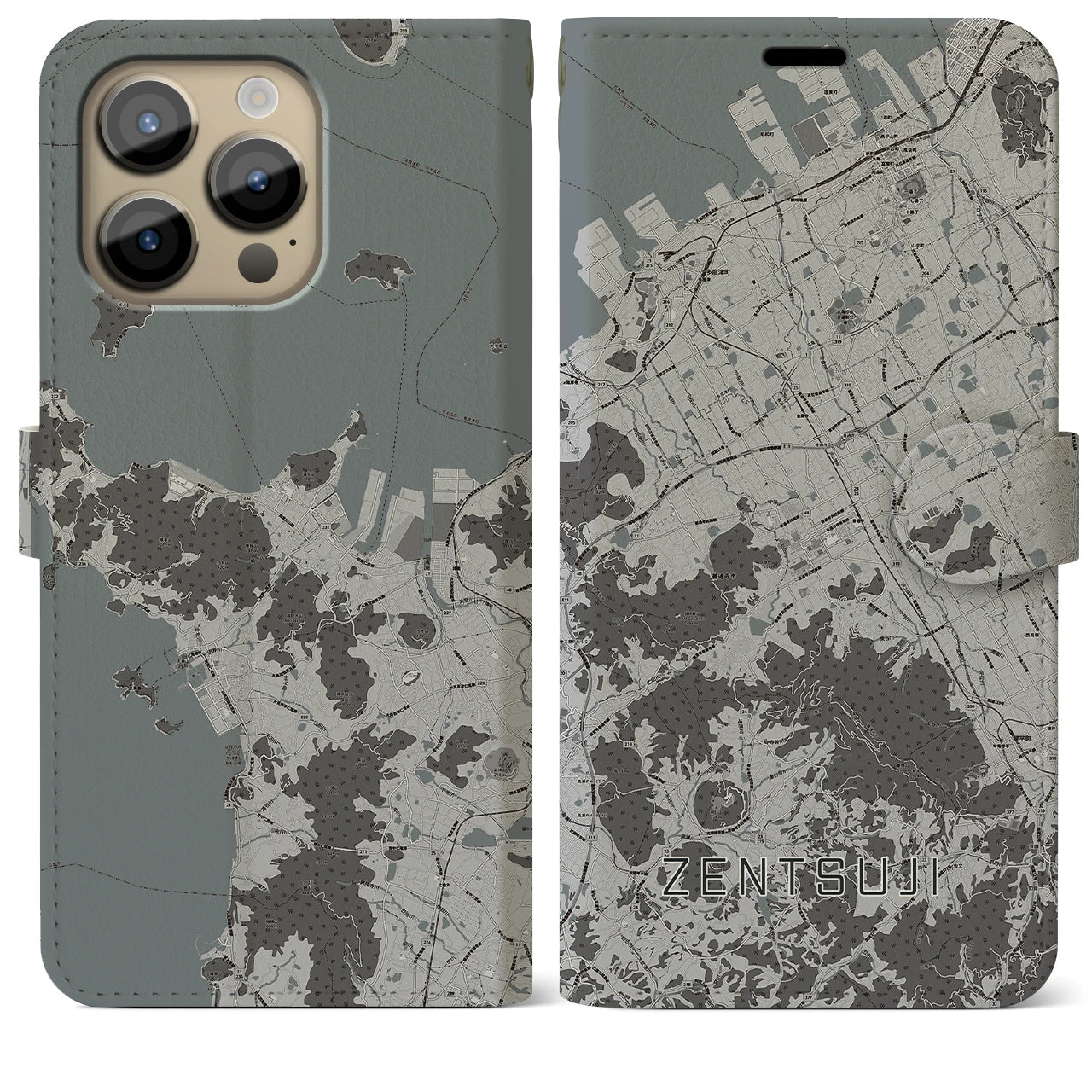 【善通寺(香川県)】地図柄iPhoneケース(手帳タイプ)モノトーン・iPhone 14 Pro Max 用