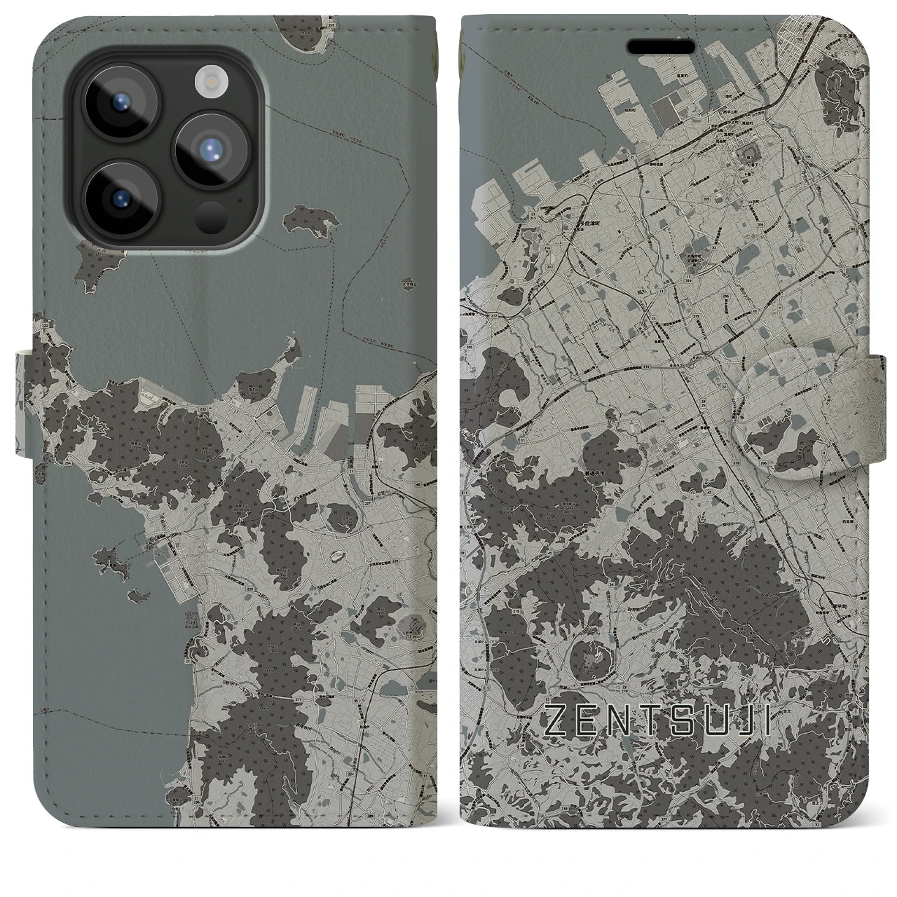 【善通寺(香川県)】地図柄iPhoneケース(手帳タイプ)モノトーン・iPhone 15 Pro Max 用
