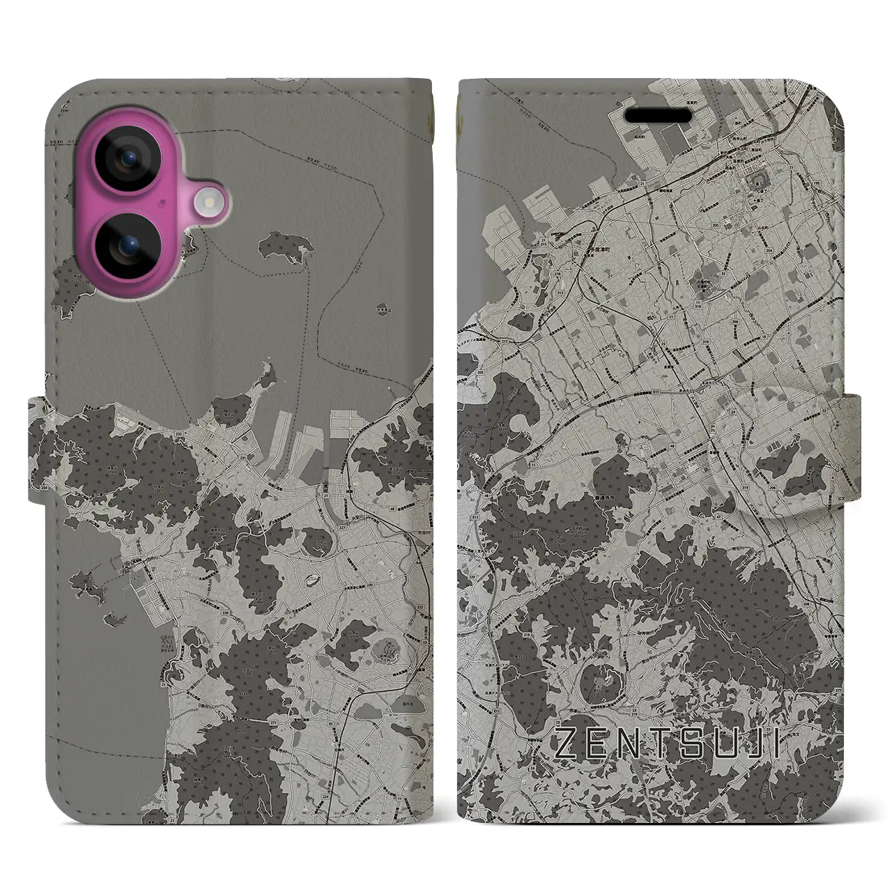 【善通寺(香川県)】地図柄iPhoneケース(手帳タイプ)モノトーン・iPhone 16 Pro 用