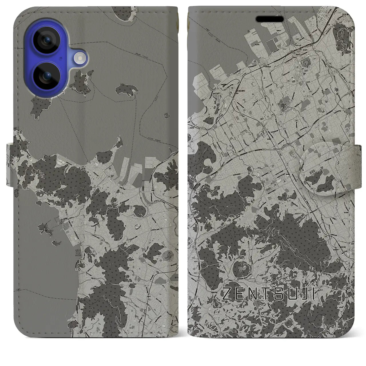 【善通寺(香川県)】地図柄iPhoneケース(手帳タイプ)モノトーン・iPhone 16 Pro Max 用