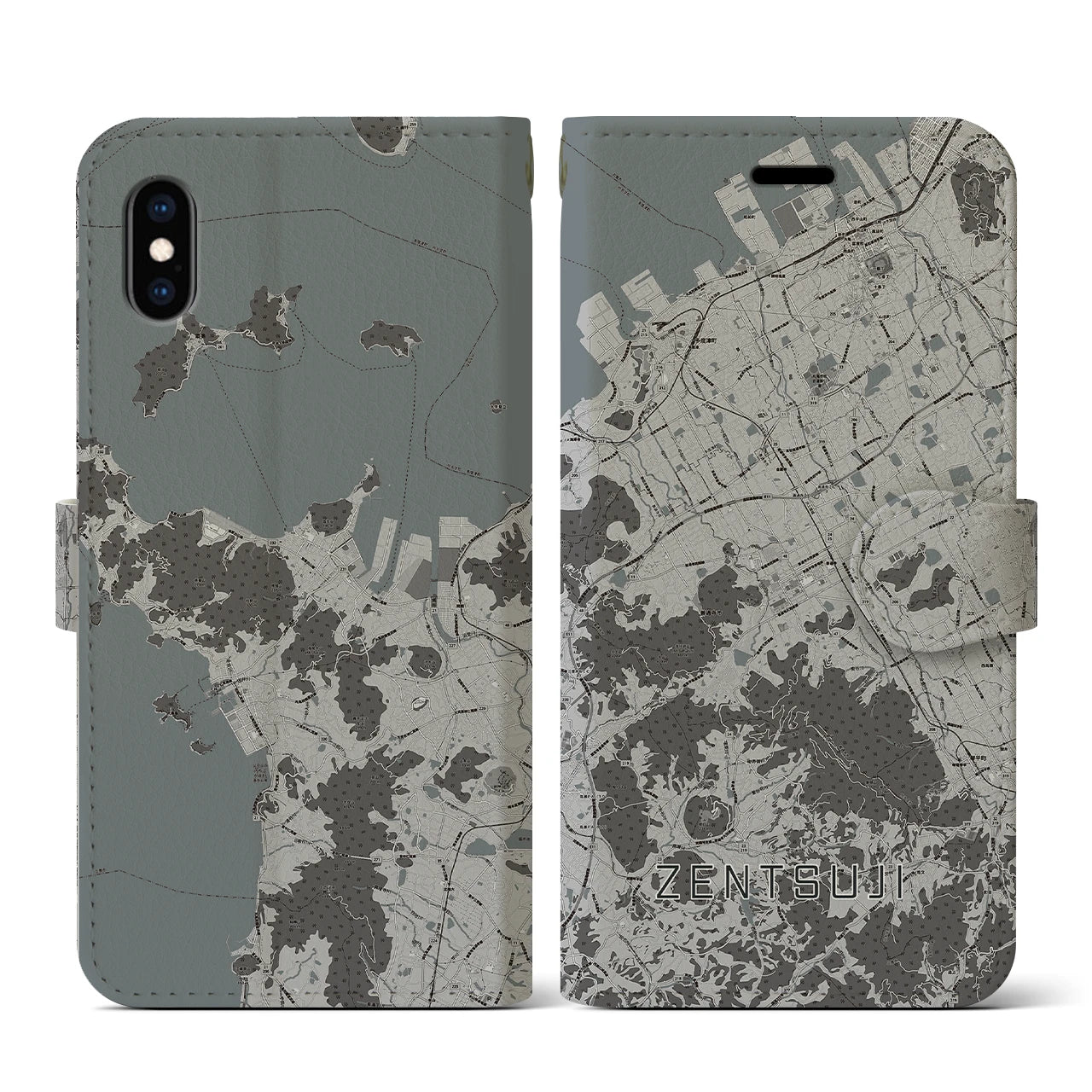 【善通寺(香川県)】地図柄iPhoneケース(手帳タイプ)モノトーン・iPhone XS / X 用