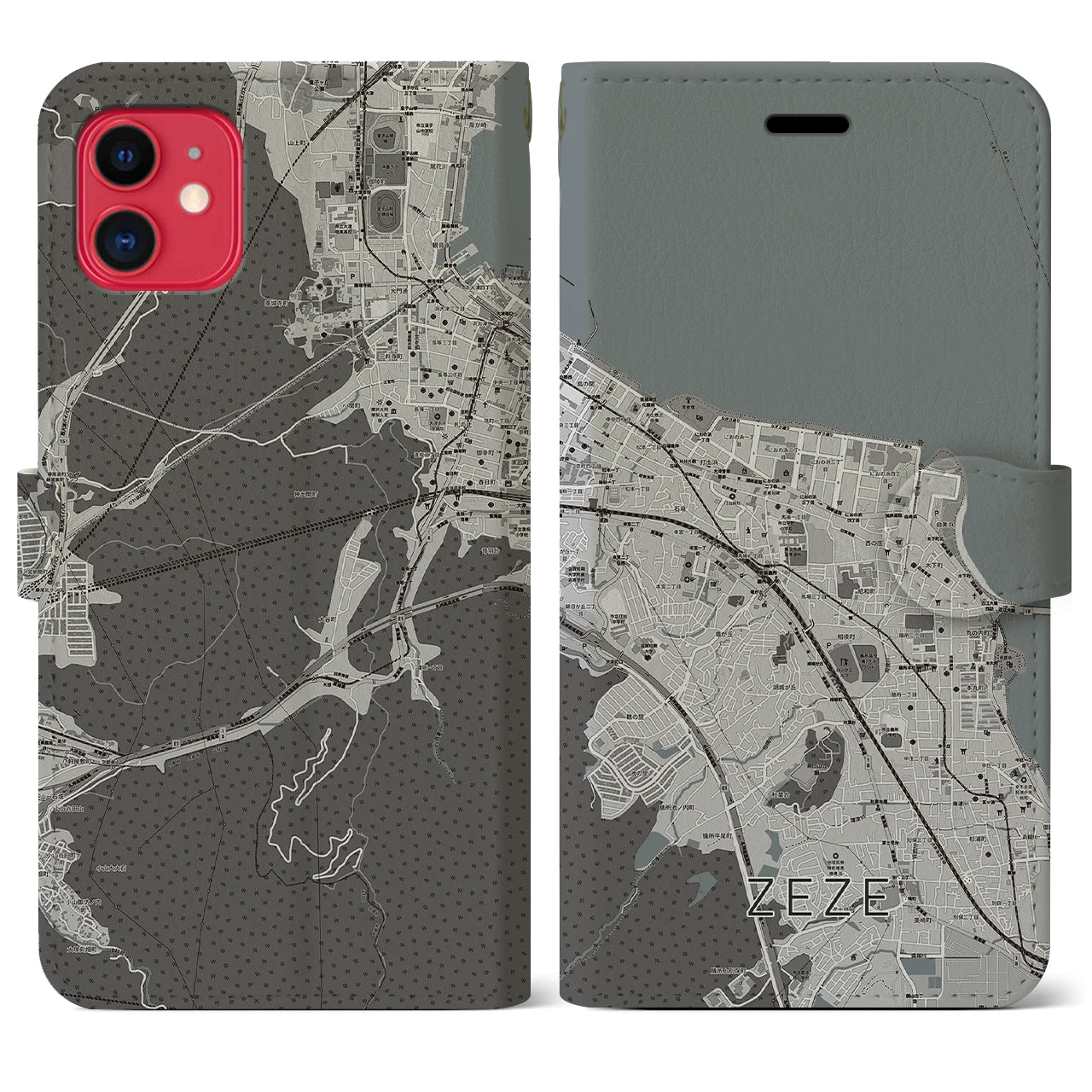 【膳所(滋賀県)】地図柄iPhoneケース(手帳タイプ)モノトーン・iPhone 11 用