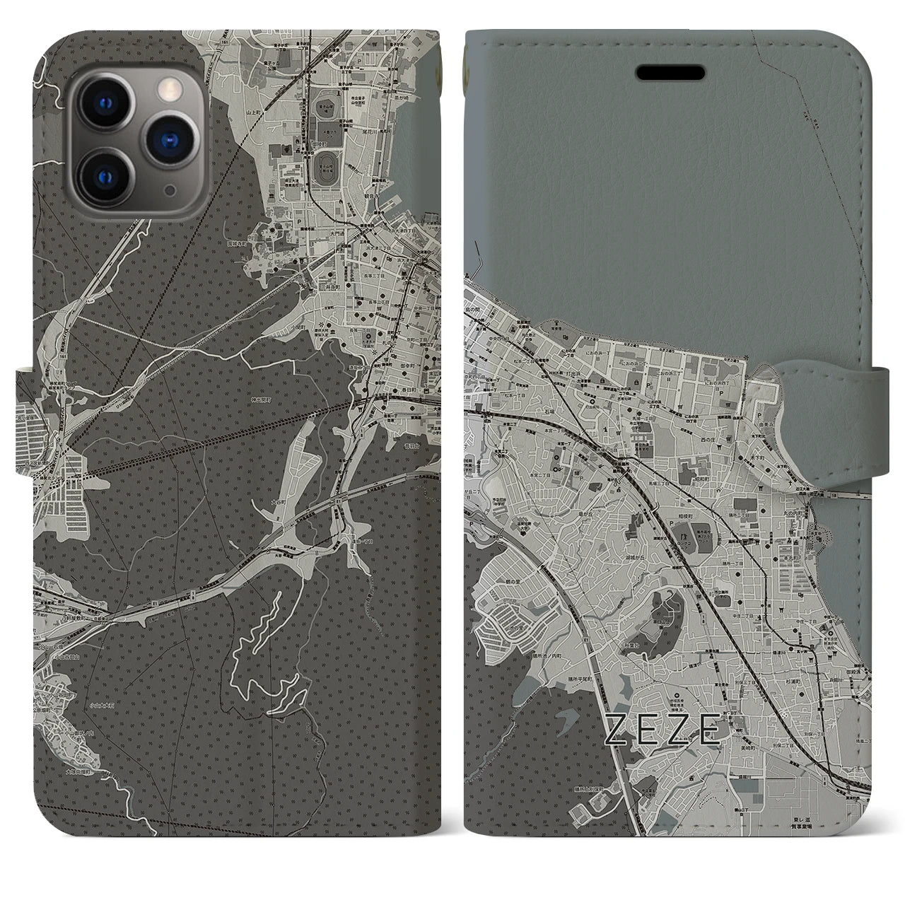 【膳所(滋賀県)】地図柄iPhoneケース(手帳タイプ)モノトーン・iPhone 11 Pro Max 用