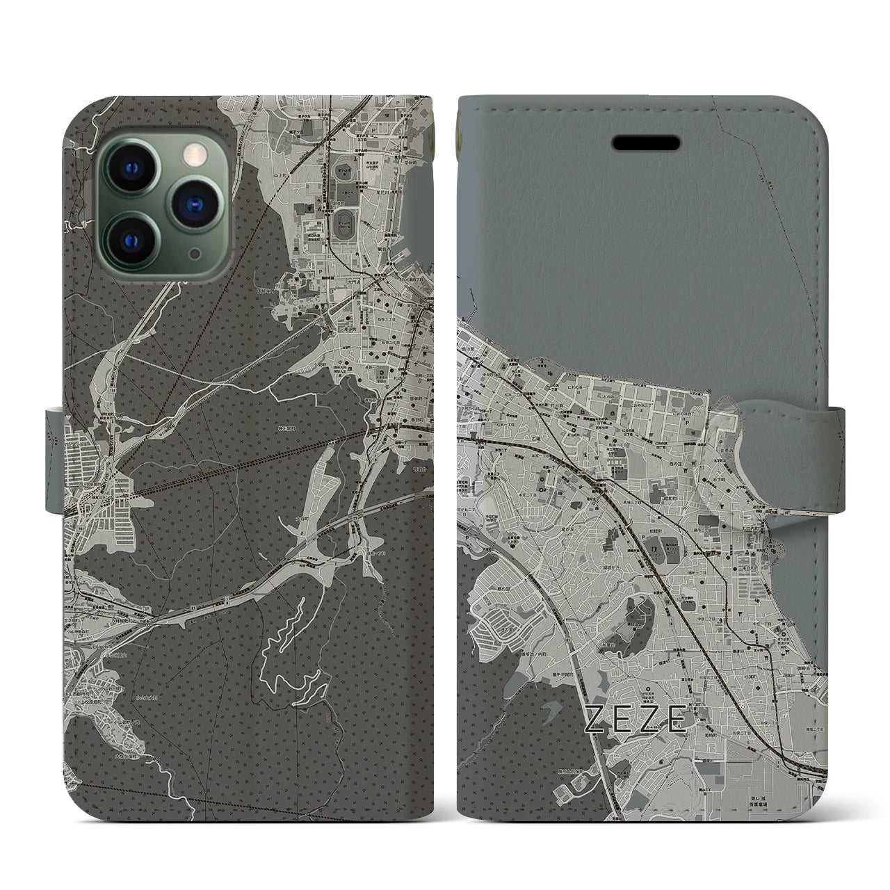 【膳所(滋賀県)】地図柄iPhoneケース(手帳タイプ)モノトーン・iPhone 11 Pro 用