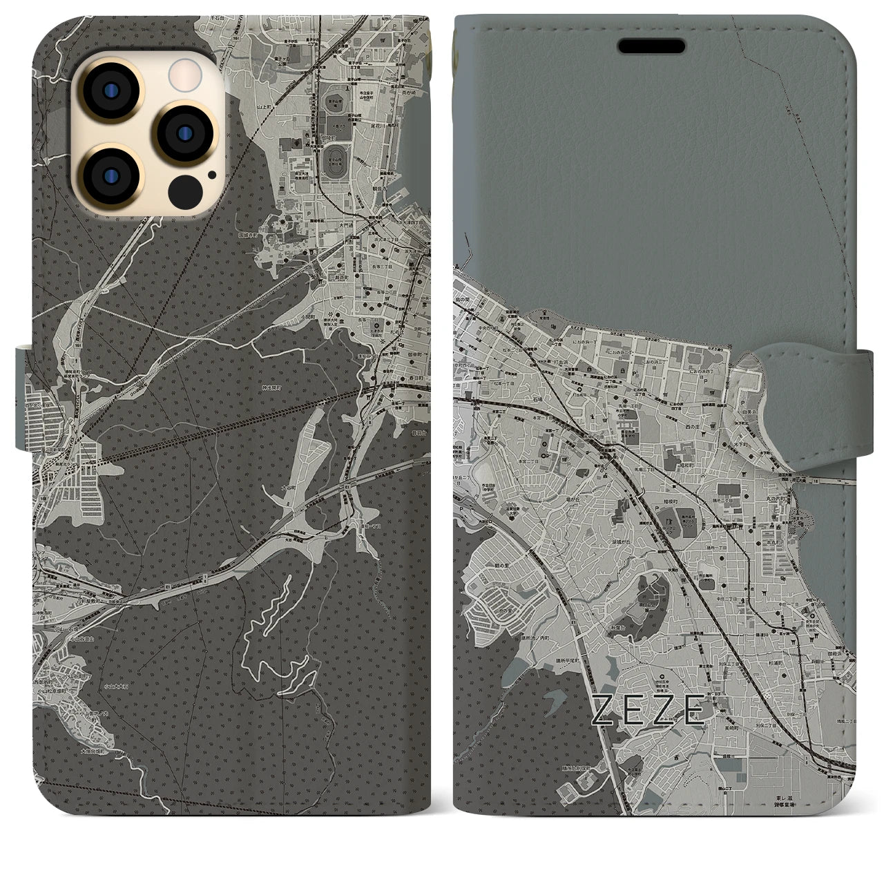 【膳所(滋賀県)】地図柄iPhoneケース(手帳タイプ)モノトーン・iPhone 12 Pro Max 用