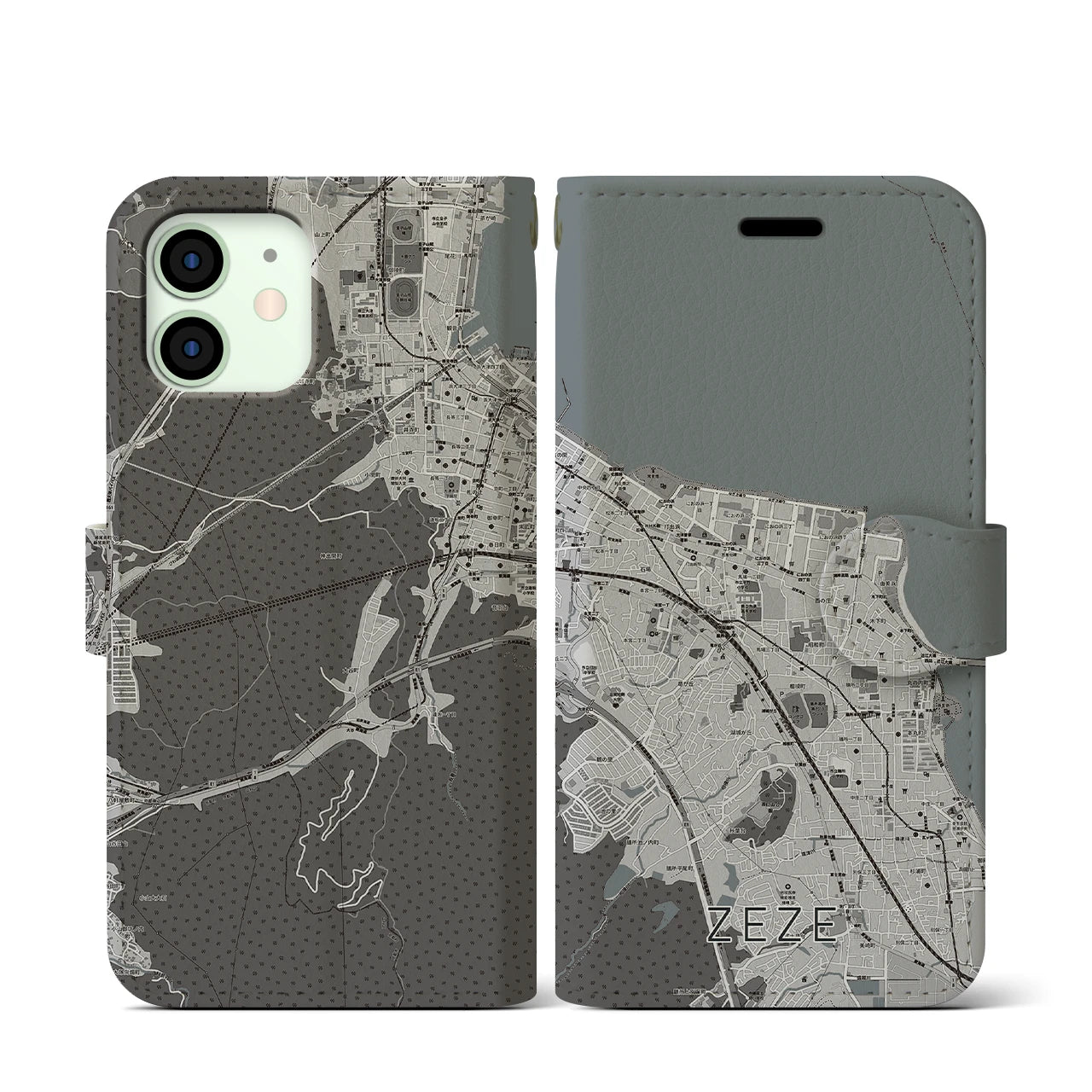 【膳所(滋賀県)】地図柄iPhoneケース(手帳タイプ)モノトーン・iPhone 12 mini 用