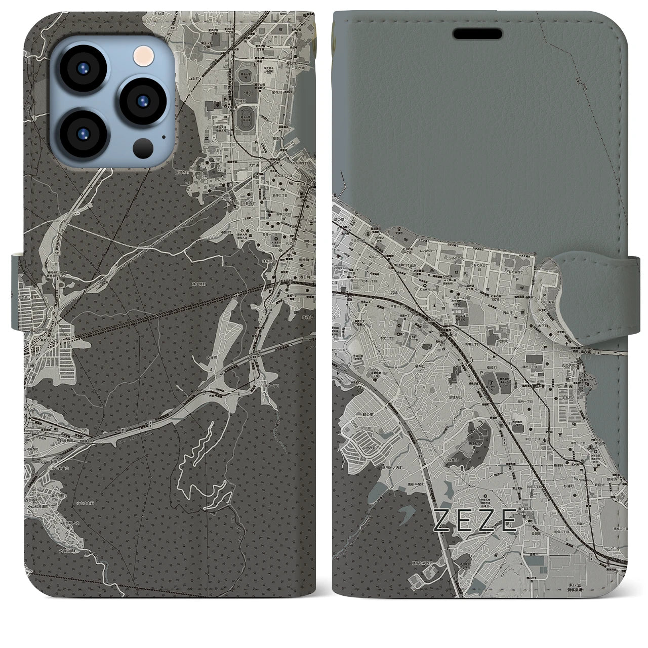 【膳所(滋賀県)】地図柄iPhoneケース(手帳タイプ)モノトーン・iPhone 13 Pro Max 用