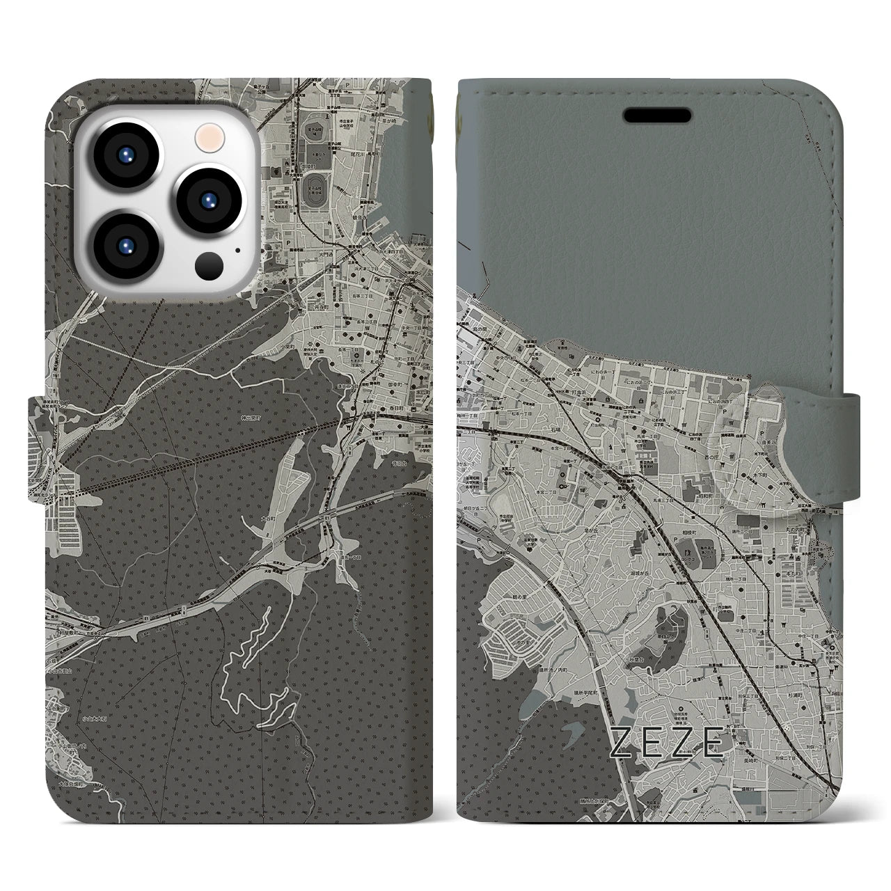 【膳所(滋賀県)】地図柄iPhoneケース(手帳タイプ)モノトーン・iPhone 13 Pro 用